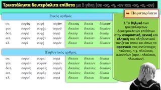3.Το θηλυκό των
τρικατάληκτων
δευτερόκλιτων επιθέτων
στην ονομαστική, γενική και
κλητική του πληθυντικού
τονίζεται όπου και όπως το
αρσενικό στις αντίστοιχες
πτώσεις, π.χ. πλούσιαι,
πλουσίων (αρσ.: πλούσιοι,
πλουσίων).
 