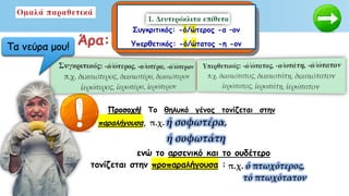 Άρα:
• Προσοχή! Το θηλυκό γένος τονίζεται στην
παραλήγουσα, π.χ. ἡ σοφωτέρα,
• ἡ σοφωτάτη
ενώ το αρσενικό και το ουδέτερο
τονίζεται στην προπαραλήγουσα :
Επίθετα β΄ κλίσης
Συγκριτικός: -ό/ώτερος -α –ον
Υπερθετικός: -ό/ώτατος -η -ον
π.χ. ὁ πτωχότερος,
τό πτωχότατον
Τα νεύρα μου!
 