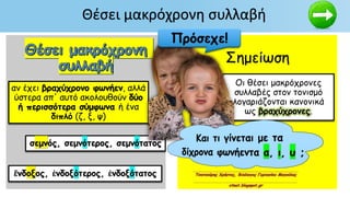 αν έχει βραχύχρονο φωνήεν, αλλά
ύστερα απ' αυτό ακολουθούν δύο
ή περισσότερα σύμφωνα ή ένα
διπλό (ζ, ξ, ψ)
σεμνός, σεμνότερος, σεμνότατος
ἔνδοξος, ἐνδοξότερος, ἐνδοξότατος
Σημείωση
Οι θέσει μακρόχρονες
συλλαβές στον τονισμό
λογαριάζονται κανονικά
ως βραχύχρονες.
Θέσει μακρόχρονη συλλαβή
Πρόσεχε!
 