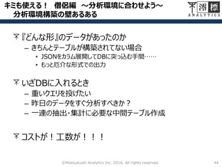 キミも使える！ 僧侶編 ～分析環境に合わせよう～
分析環境構築の壁あるある
『どんな形』のデータがあったのか
– きちんとテーブルが構築されてない場合
• JSONをカラム展開してDBに突っ込む手間……
• もっと厄介な形式での出力
いざDBに入れるとき
– 重いクエリを投げたい
– 昨日のデータをすぐ分析すべきか？
– 一連の抽出・集計に必要な中間テーブル作成
コストが！工数が！！！
44©Miotsukushi Analytics Inc. 2016, All rights reserved.
 
