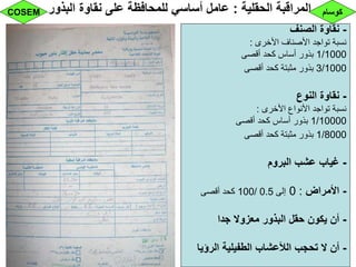 ‫الحقلية‬ ‫المراقبة‬:‫البذور‬ ‫نقاوة‬ ‫على‬ ‫للمحافظة‬ ‫أساسي‬ ‫عامل‬
-‫الصنف‬ ‫نقاوة‬
‫األخرى‬ ‫األصناف‬ ‫تواجد‬ ‫نسبة‬:
1/1000‫أقصى‬ ‫كحد‬ ‫أساس‬ ‫بذور‬
3/1000‫أقصى‬ ‫كحد‬ ‫مثبتة‬ ‫بذور‬
-‫النوع‬ ‫نقاوة‬
‫األخرى‬ ‫األنواع‬ ‫تواجد‬ ‫نسبة‬:
1/10000‫أقصى‬ ‫كحد‬ ‫أساس‬ ‫بذور‬
1/8000‫أقصى‬ ‫كحد‬ ‫مثبتة‬ ‫بذور‬
-‫البروم‬ ‫عشب‬ ‫غياب‬
-‫األمراض‬:0‫إلى‬0.5/100‫أقصى‬ ‫كحد‬
-‫جدا‬ ‫معزوال‬ ‫البذور‬ ‫حقل‬ ‫يكون‬ ‫أن‬
-‫الرؤيا‬ ‫الطفيلية‬ ‫الألعشاب‬ ‫تحجب‬ ‫ال‬ ‫أن‬
‫كوسام‬COSEM
 