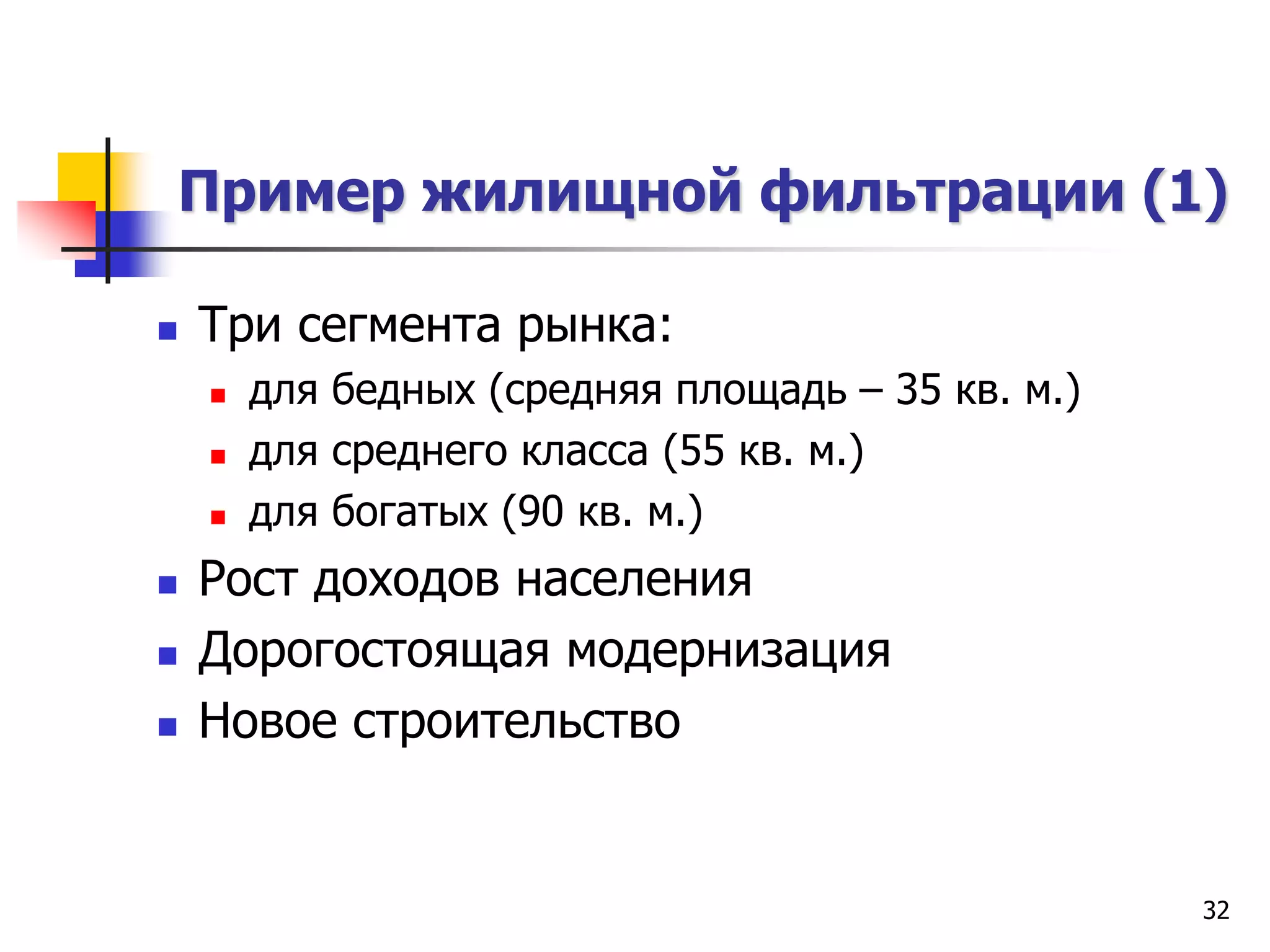32
Пример жилищной фильтрации (1)
 Три сегмента рынка:
 для бедных (средняя площадь – 35 кв. м.)
 для среднего класса (55 кв. м.)
 для богатых (90 кв. м.)
 Рост доходов населения
 Дорогостоящая модернизация
 Новое строительство
 