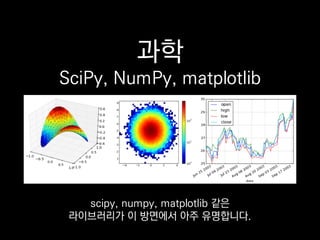 과학
SciPy, NumPy, matplotlib
scipy, numpy, matplotlib 같은
라이브러리가 이 방면에서 아주 유명합니다.
 