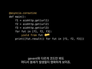 async def main():
f1 = aiohttp.get(url1)
f2 = aiohttp.get(url2)
f3 = aiohttp.get(url3)
for fut in [f1, f2, f3]:
await fut
print([fut.result() for fut in [f1, f2, f3]])
더 편하게 쓸 수 있게 됐어요.
 