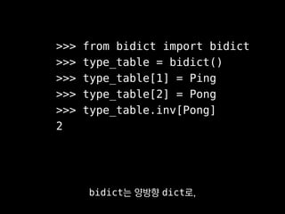 >>> from bidict import bidict
>>> type_table = bidict()
>>> type_table[1] = Ping
>>> type_table[2] = Pong
>>> type_table.inv[Pong]
2
타입코드 테이블 같은 거
만들 때 유용해요.
 
