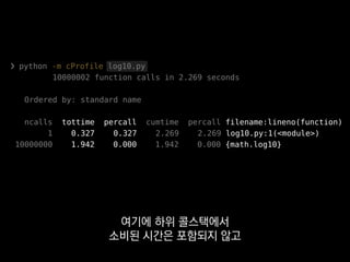 ❯ python -m cProfile log10.py
10000002 function calls in 2.269 seconds
Ordered by: standard name
ncalls tottime percall cumtime percall filename:lineno(function)
1 0.327 0.327 2.269 2.269 log10.py:1(<module>)
10000000 1.942 0.000 1.942 0.000 {math.log10}
프로그램 덩치가 커지면
측정 결과를 읽기 좀 힘들어지긴 하지만
 