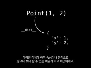 Point(1, 2)
{
'x': 1,
'y': 2,
}
__dict__
dict에도 오버헤드가
아예 없지는 않을 것 같고요.
 