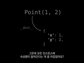 Point(1, 2)
2
x
1
y
__slots__를 쓰면 dict 없이
객체가 속성값을 직접 가리키게 할 수 있습니다.
 