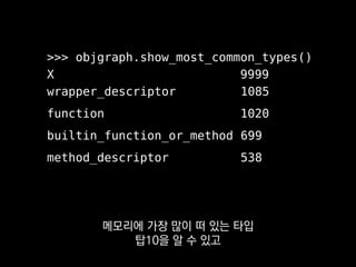 >>> xs = objgraph.by_type('X')
>>> len(xs)
9999
그 타입에 해당하는 객체를
모조리 얻을 수 있어요.
 