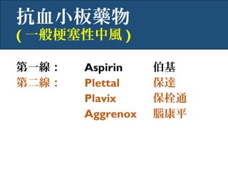 һ Aspirin 
ڶ Plettal _
Plavix ˨ͨ
Aggrenox Xƽ
ѪСˎ
( һ㹣L )
 