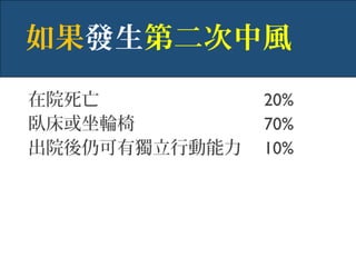 在院死亡
臥床或坐輪椅
出院後仍可有獨立行動能力
如果發生第二次中風
20%
70%
10%
 