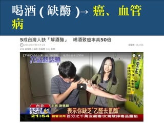 喝酒 ( 缺酶 )→ 癌、血管
病
 