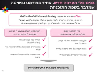 ‫חדש‬ ‫הערכה‬ ‫כלי‬ ‫בנינו‬,‫ובשיטה‬ ‫בפורמט‬ ‫אחיד‬
‫התוכניות‬ ‫בשפת‬ ‫שמדבר‬
‫התל‬"‫א‬‫שיטת‬ ‫על‬ ‫נסמכת‬GAS – Goal Attainment Scaling
‫זו‬ ‫בשיטה‬,‫מ‬ ‫שנמתח‬ ‫סולם‬ ‫בונים‬ ‫מכן‬ ‫ולאחר‬ ‫מדיד‬ ‫יעד‬ ‫מגדירים‬"‫הנוכחי‬ ‫המצב‬"
‫ל‬ ‫ועד‬"‫למצופה‬ ‫מעבר‬ ‫היעד‬ ‫השגת‬"–‫הילד‬ ‫התקדמות‬ ‫את‬ ‫להעריך‬ ‫ניתן‬ ‫כך‬
‫אחיד‬ ‫בפורמט‬ ‫כלי‬
‫טווח‬ ‫ארוכת‬ ‫הסתכלות‬ ‫בעל‬...
‫תקופה‬ ‫מדי‬ ‫הילד‬ ‫התקדמות‬ ‫אחר‬ ‫מעקב‬,
‫אחיד‬ ‫כלי‬ ‫בעזרת‬
‫עתידית‬ ‫מטרה‬ ‫אל‬ ‫הילד‬ ‫עם‬ ‫העבודה‬ ‫הכוונת‬
‫הילד‬ ‫התקדמות‬ ‫למדידת‬ ‫אחידה‬ ‫שיטה‬
...‫בשפה‬ ‫המשתמש‬‫ברורה‬ ‫מקצועית‬,
‫משותפת‬‫לתכניות‬‫ואחידה‬



‫אחידה‬ ‫מקצועית‬ ‫שפה‬ ‫הגדרת‬
(‫לתל‬"‫ולתוכניות‬ ‫א‬)
‫בכל‬ ‫שנוצרו‬ ‫התהליכים‬ ‫על‬ ‫מבוססת‬ ‫יעדים‬ ‫הגדרת‬
‫תכנית‬
‫מותאמת‬ ‫פעולה‬ ‫תכנית‬ ‫של‬ ‫שיטתית‬ ‫בנייה‬
‫אישית‬



‫כלי‬‫המאפשר‬‫הילדים‬ ‫התקדמות‬ ‫אחר‬ ‫מעקב‬
16
 