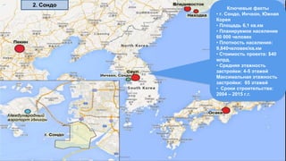 Ключевые факты
• г. Сондо, Инчхон, Южная
Корея
• Площадь 6,1 кв.км
• Планируемое население
60 000 человек
• Плотность населения:
9,840человек/кв.км
• Стоимость проекта: $40
млрд.
• Средняя этажность
застройки: 4-5 этажей
Максимальная этажность
застройки: 65 этажей
• Сроки строительства:
2004 – 2015 г.г.
2. Сондо
 