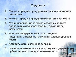 Структура
1. Малое и среднее предпринимательство: понятие и
статистика
2. Малое и среднее предпринимательство как благо
3. Муниципальная поддержка малого и среднего
предпринимательства: мотивы, приоритеты,
механизмы
4. История поддержки малого и среднего
предпринимательства на муниципальном уровне в
России
5. Алгоритм организации поддержки
6. Концепция создания инфраструктуры поддержки
субъектов малого предпринимательства
 