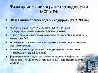 Фазы организации и развития поддержки
МСП в РФ
1. Фаза активного поиска моделей поддержки (1992–2003 гг.)
 создание законодательной базы МСУ и МСБ на
государственном и муниципальном уровнях
 относительная самостоятельность и ресурсообеспеченность
некоторых МО
 активное использование иностранного капитала и опыта на
местном уровне
 использование единичных государственных программ
(г.Новошахтинск, г.Заречный)
 формирование в муниципалитетах-лидерах эффективных схем
поддержки МСБ (в т.ч. антикризисных), адаптация зарубежных
моделей
 
