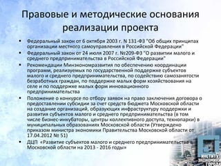 Правовые и методические основания
реализации проекта
 Федеральный закон от 6 октября 2003 г. N 131-ФЗ "Об общих принципах
организации местного самоуправления в Российской Федерации"
 Федеральный закон от 24 июля 2007 г. №209-ФЗ "О развитии малого и
среднего предпринимательства в Российской Федерации"
 Рекомендации Минэкономразвития по обеспечению координации
программ, реализуемых по государственной поддержке субъектов
малого и среднего предпринимательства, по содействию самозанятости
безработных граждан, по поддержке малых форм хозяйствования на
селе и по поддержке малых форм инновационного
предпринимательства
 Положение о конкурсе по отбору заявок на право заключения договора о
предоставлении субсидии за счет средств бюджета Московской области
на создание организаций, образующих инфраструктуру поддержки и
развития субъектов малого и среднего предпринимательства (в том
числе бизнес-инкубаторы, центры коллективного доступа, технопарки) в
муниципальных образованиях Московской области (Утверждено
приказом министра экономики Правительства Московской области от
17.04.2012 № 51)
 ДЦП «Развитие субъектов малого и среднего предпринимательства в
Московской области на 2013 - 2016 годы»
 