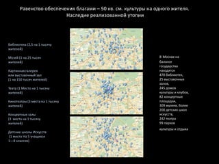 Равенство обеспечения благами – 50 кв. см. культуры на одного жителя.
Наследие реализованной утопии
В Москве на
балансе
государства
находятся
470 библиотек,
25 выставочных
залов,
245 домов
культуры и клубов,
82 концертные
площадки,
309 музеев, более
200 детских школ
искусств,
242 театра
99 парков
культуры и отдыха
Библиотека (2,5 на 1 тысячу
жителей̆)
Музей (1 на 25 тысяч
жителей̆)
Картинная галерея
или выставочный̆ зал
(1 на 150 тысяч жителей)
Театр (1 Место на 1 тысячу
жителей̆)
Кинотеатры (3 места на 1 тысячу
жителей̆)
Концертные залы
(3 места на 1 тысячу
жителей̆)
Детские школы Искусств
(1 место На 5 учащихся
1—8 классов)
 