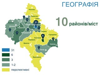 ÃÅÎÃÐÀÔ²ß
Рогатин
Галич
Рожнятів
Богородчани
Надвірна
Верховина
Косів
Снятин
Болехів
Коломия
Долина
Тлумач
Городенка
Калуш
Бурштин
Яремче
Івано-Франківськ
Тисмениця
6
3
1­2
ïåðñïåêòèâí³
10
31
 