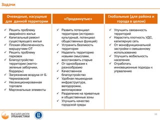 16
Задачи
Очевидные, насущные
для данной территории
«Продвинутые»
Глобальные (для района и
города в целом)
 Решить проблему
аварийного жилья
 Капитальный ремонт
существующего жилья
 Плохая обеспеченность
маршрутами ОТ
 Решить проблему
парковок
 Благоустройство
территории (желто-
зеленые заборчики,
бордюры)
 Загрязнение воздуха от Б.
Черкизовской
 Несанкционированная
торговля
 Маргинальные элементы
 Развить потенциал
территории (историко-
культурный, потенциал
общественных функций)
 Устранить безликость
территории
 Наделить территорию
новыми смыслами,
восстановить старые
 От однообразия к
разнообразию
 Качественное
благоустройство
 Удобная пешеходная
инфраструктура,
велодорожки,
велопарковки
 Разделение на приватные
и общественные зоны
 Улучшить качество
городской среды
 Улучшить связанность
территорий
 Нарастить плотность УДС,
капилярную сеть
 От монофункциональной
застройки к смешанному
использованию
 Улучшить мобильность
населения
 Отработать
инновационные подходы к
упрвалению
 