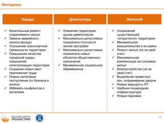 18
Интересы
Города Девелопера Жителей
 Капитальный ремонт
сохраняемого жилья
 Замена аварийного
жилого фонда)
 Улучшение транспортной
связанности территории
 Повышение качества
городской среды,
повышение
капитализации территории
 Создание новых мест
приложения труда
 Новые налоговые
поступления (от бизнеса и
жилья)
 Избежать конфликтов с
жителями
 Освоение территории
одним девелопером
 Максимально допустимые
показатели плотности
жилой застройки
 Максимально допустимые
показатели новых
объектов общественного
назначения
 Минимальное социальное
обременение
 Сохранение
существующей
«открытости» территории
 Минимальное
вмешательство в их район
 Ремонт жилья (не за свой
счет)
 Максимальная
компенсация за сносимое
жилье
 Благоустройство (не за
свой счет)
 Выделение приватных
зон, огораживание дворов
 Новые маршруты ОТ
 Удобная пешеходная
инфраструктура
 Новые парковки
 