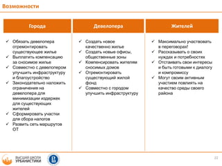22
Возможности
Города Девелопера Жителей
 Обязать девелопера
отремонтировать
существующее жилье
 Выплатить компенсацию
за сносимое жилье
 Совместно с девелопером
улучшить инфраструктуру
и благоустройство
 Законодательно наложить
ограничения на
девелопера для
минимизации издержек
для существующих
жителей
 Сформировать участки
для сбора налогов
 Развить сеть маршрутов
ОТ
 Создать новое
качественно жилье
 Создать новые офисы,
общественные зоны
 Компенсировать жителям
сносимых домов
 Отремонтировать
существующий жилой
фонд
 Совместно с городом
улучшить инфраструктуру
 Максимально участвовать
в переговорах!
 Рассказывать о своих
нуждах и потребностях
 Отстаивать свои интересы
и быть готовыми к диалогу
и компромиссу
 Могут своим активным
участием повлиять на
качество среды своего
района
 