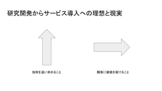研究開発からサービス導入への理想と現実
技術を追い求めること 顧客に価値を届けること
 