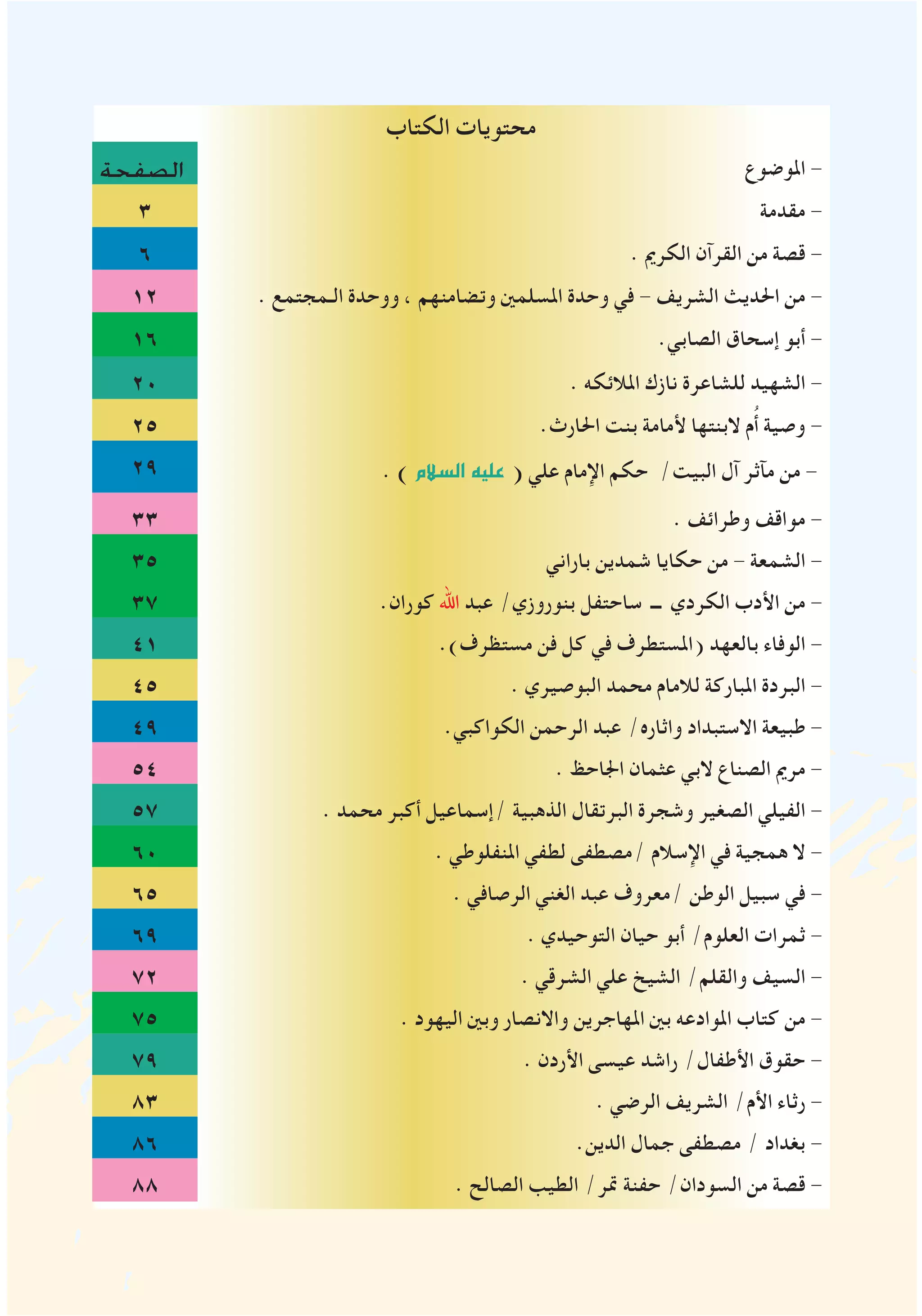 ‫الكتاب‬ ‫محتويات‬
‫الصفحة‬ ‫املوضوع‬ -
3 ‫مقدمة‬ -
6 . ‫الكرمي‬ ‫القرآن‬ ‫من‬ ‫قصة‬ -
12 . ‫الـمجتمع‬ ‫ووحدة‬ ، ‫وتضامنهم‬ ‫املسلمني‬ ‫وحدة‬ ‫في‬ - ‫الشريف‬ ‫احلديث‬ ‫من‬ -
16 .‫الصابي‬ ‫إسحاق‬ ‫أبو‬ -
20 . ‫املالئكه‬ ‫نازك‬ ‫للشاعرة‬ ‫الشهيد‬ -
25 .‫احلارث‬ ‫بنت‬ ‫ألمامة‬ ‫البنتها‬ ‫م‬ُ‫أ‬ ‫وصية‬ -
29 . )‫ال�سالم‬‫عليه‬ ( ‫علي‬ ‫اإلمام‬ ‫حكم‬ /‫البيت‬ ‫آل‬ ‫مآثر‬ ‫من‬ -
33 . ‫وطرائف‬ ‫مواقف‬ -
35 ‫باراني‬ ‫شمدين‬ ‫حكايا‬ ‫من‬ - ‫الشمعة‬ -
37 .‫كوران‬ ‫اهلل‬ ‫عبد‬ /‫بنوروزي‬ ‫ساحتفل‬ ‫ــ‬ ‫الكردي‬ ‫األدب‬ ‫من‬ -
41 .)‫مستظرف‬ ‫فن‬ ‫كل‬ ‫في‬ ‫(املستطرف‬ ‫بالعهد‬ ‫الوفاء‬ -
45 . ‫البوصيري‬ ‫محمد‬ ‫لالمام‬ ‫املباركة‬ ‫البردة‬ -
49 .‫الكواكبي‬ ‫الرحمن‬ ‫عبد‬ /‫واثاره‬ ‫االستبداد‬ ‫طبيعة‬ -
54 . ‫اجلاحظ‬ ‫عثمان‬ ‫البي‬ ‫الصناع‬ ‫مرمي‬ -
57 . ‫محمد‬ ‫أكبر‬ ‫/إسماعيل‬ ‫الذهبية‬ ‫البرتقال‬ ‫وشجرة‬ ‫الصغير‬ ‫الفيلي‬ -
60 . ‫املنفلوطي‬ ‫لطفي‬ ‫/مصطفى‬ ‫اإلسالم‬ ‫في‬ ‫همجية‬ ‫ال‬ -
65 . ‫الرصافي‬ ‫الغني‬ ‫عبد‬ ‫/معروف‬ ‫الوطن‬ ‫سبيل‬ ‫في‬ -
69 . ‫التوحيدي‬ ‫حيان‬ ‫أبو‬ /‫العلوم‬ ‫ثمرات‬ -
72 . ‫الشرقي‬ ‫علي‬ ‫الشيخ‬ /‫والقلم‬ ‫السيف‬ -
75 . ‫اليهود‬ ‫وبني‬ ‫واالنصار‬ ‫املهاجرين‬ ‫بني‬ ‫املوادعه‬ ‫كتاب‬ ‫من‬ -
79 . ‫األردن‬ ‫عيسى‬ ‫راشد‬ /‫األطفال‬ ‫حقوق‬ -
83 . ‫الرضي‬ ‫الشريف‬ /‫األم‬ ‫رثاء‬ -
86 .‫الدين‬ ‫جمال‬ ‫مصطفى‬ / ‫بغداد‬ -
88 . ‫الصالح‬ ‫الطيب‬ /‫متر‬ ‫حفنة‬ /‫السودان‬ ‫من‬ ‫قصة‬ -
 