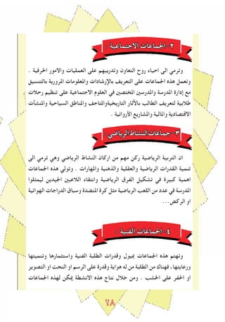 2٨
: ‫االجتماعية‬ ‫2-اﳉماعات‬
. ‫احلرفية‬ ‫واالمور‬ ‫العمليات‬ ‫على‬ ‫وتدريبهم‬ ‫التعاون‬ ‫روح‬ ‫احياء‬ ‫الى‬ ‫وترمي‬
‫بالتنسيق‬ ‫املرورية‬ ‫واملعلومات‬ ‫باإلرشادات‬ ‫التعريﻒ‬ ‫على‬ ‫اﳉماعات‬ ‫هذﻩ‬ ‫وتعمل‬
‫رحالت‬ ‫تنظيم‬ ‫على‬ ‫االجتماعية‬ ‫العلوم‬ ‫في‬ ‫املختصني‬ ‫واملدرسني‬ ‫املدرسة‬ ‫إدارة‬ ‫مع‬
‫واملنشﺂت‬ ‫السياحية‬ ‫واملناطق‬ ‫التاريخيةواملتاحﻒ‬ ‫باﻵثار‬ ‫الطالﺐ‬ ‫لتعريﻒ‬ ‫طالبية‬
. ‫اﻷرواﺋية‬ ‫واملشاريع‬ ‫واملالية‬ ‫االقتصادية‬
:‫الرياﺿي‬‫النشاط‬‫جماعات‬-٣
‫الى‬ ‫ترمي‬ ‫وهي‬ ‫الرياﺿي‬ ‫النشاط‬ ‫اركان‬ ‫من‬ ‫مهم‬ ‫ركن‬ ‫الرياﺿية‬ ‫التربية‬ ‫ان‬
‫اﳉماعات‬ ‫هذﻩ‬ ‫وتولي‬ . ‫واملهارات‬ ‫والذهنية‬ ‫والعقلية‬ ‫الرياﺿية‬ ‫القدرات‬ ‫تنمية‬
‫ليمﺜلوا‬ ‫اﳉيدين‬ ‫الالعبني‬ ‫وانتقاء‬ ‫الرياﺿية‬ ‫الﻔرق‬ ‫تشكيل‬ ‫في‬ ‫كبيرة‬ ‫اهمية‬
‫الهواﺋية‬ ‫الدراجات‬ ‫وسباق‬ ‫املنضدة‬ ‫كرة‬ ‫مﺜل‬ ‫الرياﺿية‬ ‫اللعﺐ‬ ‫من‬ ‫عدد‬ ‫في‬ ‫املدرسة‬
...‫الركﺾ‬ ‫او‬
: ‫الﻔنية‬ ‫٤-اﳉماعات‬
‫وتنميتها‬ ‫واستﺜمارها‬ ‫الﻔنية‬ ‫الطلبة‬ ‫وقدرات‬ ‫مبيول‬ ‫اﳉماعات‬ ‫هذﻩ‬ ‫وتهتم‬
‫التصوير‬ ‫او‬ ‫النحﺖ‬ ‫او‬ ‫الرسم‬ ‫على‬ ‫وقدرة‬ ‫هواية‬ ‫له‬ ‫من‬ ‫الطلبة‬ ‫من‬ ‫فهناك‬ ،‫ورعايتها‬
‫اﳉماعات‬ ‫لهذﻩ‬ ‫ميكن‬ ‫االنشطة‬ ‫هذﻩ‬ ‫نتاج‬ ‫خالل‬ ‫ومن‬ . ‫اخلشﺐ‬ ‫على‬ ‫احلﻔر‬ ‫او‬
 