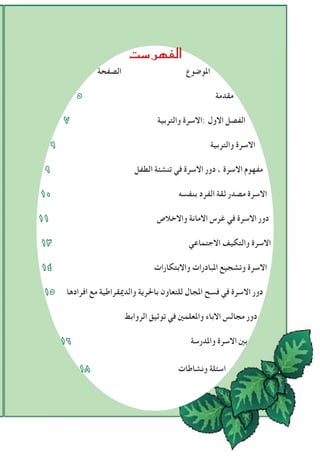 
‫الصﻔحة‬ ‫املوﺿوع‬
5 ‫مقدمة‬
٧ ‫والتربية‬ ‫:االسرة‬ ‫االول‬ ‫الﻔصل‬
٩ ‫والتربية‬ ‫االسرة‬
٩ ‫الطﻔل‬ ‫تنشﺌة‬ ‫في‬ ‫االسرة‬ ‫دور‬ ، ‫االسرة‬ ‫مﻔهوم‬
1٠ ‫بنﻔسه‬ ‫الﻔرد‬ ‫ثقة‬ ‫مصدر‬ ‫االسرة‬
11 ‫واالخالص‬ ‫االمانة‬ ‫ﻏرس‬ ‫في‬ ‫االسرة‬ ‫دور‬
1٣ ‫االجتماعي‬ ‫والتكيﻒ‬ ‫االسرة‬
1٤ ‫واالبتكارات‬ ‫املبادرات‬ ‫وتشجيع‬ ‫االسرة‬
15 ‫افرادها‬ ‫مع‬ ‫والدميقراطية‬ ‫باحلرية‬ ‫للتعاون‬ ‫املجال‬ ‫فسﺢ‬ ‫في‬ ‫االسرة‬ ‫دور‬
‫الروابﻂ‬ ‫توثيق‬ ‫في‬ ‫واملعلمني‬ ‫االباء‬ ‫مجالس‬ ‫دور‬
1٦ ‫واملدرسة‬ ‫االسرة‬ ‫بني‬
1٨ ‫ونشاطات‬ ‫اسﺌلة‬
 