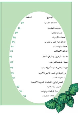 ‫الصﻔحة‬ ‫املوﺿوع‬
٤5 ‫الصحية‬ ‫اخلدمات‬
٤٦ ‫التعليمية‬ ‫اخلدمات‬
٤٧ ‫البلدية‬ ‫اخلدمات‬
٤٨ ‫الكهرباء‬ ‫خدمات‬
٤٩ ‫للشرب‬ ‫الصاحلة‬ ‫املياﻩ‬ ‫خدمات‬
5٠ ‫املواصالت‬ ‫خدمات‬
51 ‫االتصاالت‬ ‫خدمات‬
52 ) ‫العامة‬ ‫املرافق‬ ( ‫الترفيهية‬ ‫اخلدمات‬
55 ‫للمواطنني‬ ‫اخلدمات‬ ‫اهمية‬
5٦ ‫وصيانتها‬ ‫اﻵثار‬ ‫حماية‬ ‫في‬ ‫الدولة‬ ‫دور‬
5٩ ‫االدارية‬ ‫االجهزة‬ ‫ﲢسني‬ ‫في‬ ‫الدولة‬ ‫دور‬
٦٠ ‫ونشاطات‬ ‫اسﺌلة‬
‫االقليمية‬ ‫التربوية‬ ‫املنظمات‬ : ‫الرابع‬ ‫الﻔصل‬
٦٣ ‫واالسالمية‬ ‫العربية‬
٦5 ‫وانواعها‬ ‫املنظمات‬ ‫نشأة‬
٦٦ ‫املنظمات‬ ‫اهداف‬
 