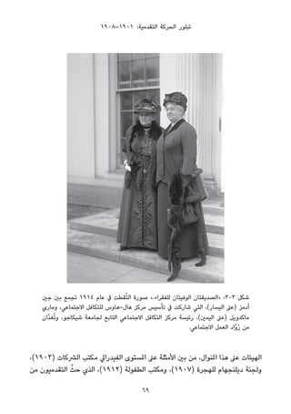 ١٩٠٨–١٩٠١ :‫اﻟﺘﻘﺪﻣﻴﺔ‬ ‫اﻟﺤﺮﻛﺔ‬ ‫ﺗﺒﻠﻮر‬
‫ﺟني‬ ‫ﺑني‬ ‫ﺗﺠﻤﻊ‬ ١٩١٤ ‫ﻋﺎم‬ ‫ﰲ‬ ‫ﻘﻄﺖ‬ُ‫ﺘ‬‫اﻟ‬ ‫ﺻﻮرة‬ «.‫ﻟﻠﻔﻘﺮاء‬ ‫اﻟﻮﻓﻴﺘﺎن‬ ‫»اﻟﺼﺪﻳﻘﺘﺎن‬ :3-3 ‫ﺷﻜﻞ‬
‫وﻣﺎري‬ ،‫اﻻﺟﺘﻤﺎﻋﻲ‬ ‫ﻟﻠﺘﻜﺎﻓﻞ‬ ‫ﻫﺎل-ﻫﺎوس‬ ‫ﻣﺮﻛﺰ‬ ‫ﺗﺄﺳﻴﺲ‬ ‫ﰲ‬ ‫ﺷﺎرﻛﺖ‬ ‫اﻟﺘﻲ‬ ،(‫اﻟﻴﺴﺎر‬ ‫)ﻋﲆ‬ ‫آدﻣﺰ‬
‫ﱠان‬‫ﺪ‬َ‫ﻌ‬ُ‫ﺗ‬‫و‬ ،‫ﺷﻴﻜﺎﺟﻮ‬ ‫ﻟﺠﺎﻣﻌﺔ‬ ‫اﻟﺘﺎﺑﻊ‬ ‫اﻻﺟﺘﻤﺎﻋﻲ‬ ‫اﻟﺘﻜﺎﻓﻞ‬ ‫ﻣﺮﻛﺰ‬ ‫رﺋﻴﺴﺔ‬ ،(‫اﻟﻴﻤني‬ ‫)ﻋﲆ‬ ‫ﻣﺎﻛﺪوﻳﻞ‬
.‫اﻻﺟﺘﻤﺎﻋﻲ‬ ‫اﻟﻌﻤﻞ‬ ‫ﱠاد‬‫و‬ُ‫ر‬ ‫ﻣﻦ‬
،(١٩٠٣) ‫اﻟﴩﻛﺎت‬ ‫ﻣﻜﺘﺐ‬ ‫اﻟﻔﻴﺪراﱄ‬ ‫املﺴﺘﻮى‬ ‫ﻋﲆ‬ ‫اﻷﻣﺜﻠﺔ‬ ‫ﺑني‬ ‫ﻣﻦ‬ ،‫املﻨﻮال‬ ‫ﻫﺬا‬ ‫ﻋﲆ‬ ‫اﻟﻬﻴﺌﺎت‬
‫ﻣﻦ‬ ‫اﻟﺘﻘﺪﻣﻴﻮن‬ ‫ﱠ‬‫ﺣﺚ‬ ‫اﻟﺬي‬ ،(١٩١٢) ‫اﻟﻄﻔﻮﻟﺔ‬ ‫وﻣﻜﺘﺐ‬ ،(١٩٠٧) ‫ﻟﻠﻬﺠﺮة‬ ‫دﻳﻠﻨﺠﻬﺎم‬ ‫وﻟﺠﻨﺔ‬
69
 