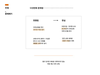 안전교육을 연간
44시간 이상 실시
어린이집·유치원 교사
30.6%만이 안전교육
의무시간을 준수
교육시수의 2분의 1 이상은
반드시 사고 유형별
체험형 교육으로 실시
현행법
법이 있지만 제대로 이루어지지 않는
아동 재난 안전 교육.
안전 교육 대부분
시청각 자료로 대체
현실
다섯번째 문제점주제
_
문제제기
 