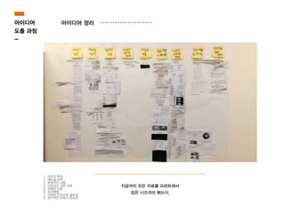 아이디어 정리아이디어
도출 과정
-
지금까지 모은 자료를 프린트해서
같은 니즈끼리 묶는다.
1. 어린이 특성
2. 메뉴얼 제작
3. 현실적인 내용
4. 단순하고 쉬운 교육
5. 저렴한 비용
6. 실기체험
7. 다양한 안전교육 필요성
8. 정기적인 교육의 중요성
 