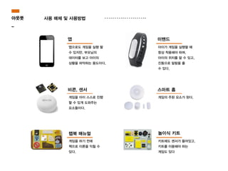 스마트 홈
아웃풋
_
사용 매체 및 사용방법
앱으로도 게임을 실행 할
수 있지만, 부모님의
데이터를 보고 아이의
상황을 파악하는 용도이다,
앱
놀이식 키트랩북 매뉴얼
비콘, 센서
미밴드
게임을 아이 스스로 진행
할 수 있게 도와주는
요소들이다.
아이가 게임을 실행할 때
항상 착용해야 하며,
아이의 위치를 알 수 있고,
진동으로 알람을 줄
수 있다.
게임의 주된 요소가 된다.
게임을 하기 전에
책으로 이론을 익힐 수
있다.
키트에도 센서가 들어있고,
키트를 이용해야 하는
게임도 있다
 