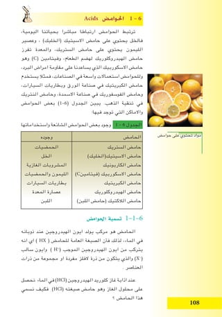 108
Acids ¢†eGƒ◊G 1 – 6
،‫اليومية‬ ‫بحياتنا‬ ‫مباشرا‬ ‫ارتباطا‬ ‫الحوامﺾ‬ ‫ترتبط‬
‫وعصير‬ ، )‫(الخليك‬ ‫االسيتيك‬ ‫حامﺾ‬ ‫على‬ ‫يحتوي‬ ‫فالخل‬
‫تفرز‬ ‫والمعدة‬ ،‫الستريك‬ ‫حامﺾ‬ ‫على‬ ‫يحتوي‬ ‫الليمون‬
‫وهو‬ )C( ‫وفيتامين‬ ،‫الطعام‬ ‫لهضم‬ ‫الهيدروكلوريك‬ ‫حامﺾ‬
،‫البرد‬ ‫امراض‬ ‫مقاومة‬ ‫على‬ ‫يساعدنا‬ ‫الذي‬ ‫االسكوربيك‬ ‫حامﺾ‬
‫يستخدم‬ ‫فمثال‬ ،‫الصناعات‬ ‫في‬ ‫واسعة‬ ‫استعماالت‬ ‫وللحوامﺾ‬
،‫السيارات‬ ‫وبطاريات‬ ‫الورق‬ ‫صناعة‬ ‫في‬ ‫الكبريتيك‬ ‫حامﺾ‬
‫النتريك‬ ‫وحامﺾ‬ ،‫االسمدة‬ ‫صناعة‬ ‫في‬ ‫الفوسفوريك‬ ‫وحامﺾ‬
‫الحوامﺾ‬ ‫بعﺾ‬ )1–6( ‫الجدول‬ ‫يبين‬ .‫الذهب‬ ‫تنقية‬ ‫في‬
:‫فيها‬ ‫توجد‬ ‫التي‬ ‫واالماكن‬
‫واستخداماتها‬ ‫الشائعة‬ ‫الحوامﺾ‬ ‫بعﺾ‬ ‫وجود‬ 1 – 6 ‫الجدول‬
‫الحامﺾ‬‫وجوده‬
‫الستريك‬ ‫حامﺾ‬
)‫االسيتيك(الخليك‬ ‫حامﺾ‬
‫الكاربونيك‬ ‫حامﺾ‬
)C‫(فيتامين‬ ‫االسكوربيك‬ ‫حامﺾ‬
‫الكبريتيك‬ ‫حامﺾ‬
‫الهيدروكلوريك‬ ‫حامﺾ‬
)‫اللبن‬ ‫(حامﺾ‬ ‫الالكتيك‬ ‫حامﺾ‬
‫الحمضيات‬
‫الخل‬
‫الﻐازية‬ ‫المشروبات‬
‫والحمضيات‬ ‫الليمون‬
‫السيارات‬ ‫بطاريات‬
‫المعدة‬ ‫عصارة‬
‫اللبن‬
¢†eGƒ◊G á«ª°ùJ 1–1–6
‫ذوبانه‬ ‫عند‬ ‫الهيدروجين‬ ‫ايون‬ ‫يولد‬ ‫مركب‬ ‫هو‬ ‫الحامﺾ‬
‫انه‬ ‫اي‬ ) HX ( ‫للحامﺾ‬ ‫العامة‬ ‫الصيﻐة‬ ‫فأن‬ ‫لذلك‬ ،‫الماء‬ ‫في‬
‫سالب‬ ‫وايون‬ ) H+
( ‫الموجب‬ ‫الهيدروجين‬ ‫ايون‬ ‫من‬ ‫يتركب‬
‫ذرات‬ ‫من‬ ‫مجموعة‬ ‫او‬ ‫مفردة‬ ‫الفلز‬ ‫ذرة‬ ‫من‬ ‫يتكون‬ ‫والذي‬ )X-
(
. ‫العناصر‬
‫نحصل‬ ‫الماء‬ ‫في‬ )HCl( ‫الهيدروجين‬ ‫كلوريد‬ ‫غاز‬ ‫اذابة‬ ‫عند‬
‫نسمي‬ ‫فكيف‬ )HCl( ‫صيﻐته‬ ‫حامﺾ‬ ‫وهو‬ ‫الﻐاز‬ ‫محلول‬ ‫على‬
‫؟‬ ‫الحامﺾ‬ ‫هذا‬
‫حوامﺾ‬ ‫على‬ ‫تحتوي‬ ‫مواد‬
 
