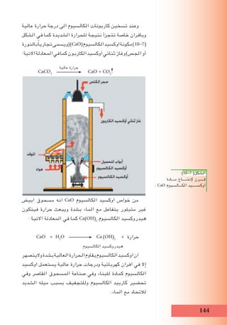 1
)10-7 (‫الشكل‬
‫مـــادة‬ ‫ﻹنتـــــاج‬ ‫فــــرن‬
. CaO ‫الكـــالسيوم‬ ‫اوكســـــيد‬
‫عالية‬ ‫حرارة‬ ‫درجة‬ ‫الى‬ ‫الكالسيوم‬ ‫كاربونات‬ ‫تسخين‬ ‫وعند‬
‫الشكل‬ ‫في‬ ‫كما‬ ‫الشديدة‬ ‫للحرارة‬ ‫نتيجة‬ ‫تتجزأ‬ ‫خاصة‬ ‫وبافران‬
‫بالنورة‬ً‫ا‬‫تجاري‬‫(ويسمى‬)CaO(‫الكالسيوم‬‫اوكسيد‬‫مكونة‬)10-7(
:‫االتية‬‫المعادلة‬‫في‬‫كما‬‫الكاربون‬‫اوكسيد‬‫ثنائي‬‫وغاز‬)‫الجص‬‫أو‬
CaCO3
‫عالية‬ ‫حرارة‬
CaO + CO2
‫ابيﺾ‬ ‫مسحوق‬ ‫انه‬ CaO ‫الكالسيوم‬ ‫اوكسيد‬ ‫خواص‬ ‫من‬
‫فيتكون‬ ‫حرارة‬ ‫ويبعث‬ ‫بشدة‬ ‫الماء‬ ‫مع‬ ‫يتفاعل‬ ‫متبلور‬ ‫غير‬
: ‫االتية‬ ‫المعادلة‬ ‫في‬ ‫كما‬ Ca)OH(2
‫الكالسيوم‬ ‫هيدروكسيد‬
CaO + H2
O Ca )OH(2
+ ‫حرارة‬
‫الكالسيوم‬ ‫هيدروكسيد‬
‫والينصهر‬‫بشدة‬‫العالية‬‫الحرارة‬‫يقاوم‬‫الكالسيوم‬‫اوكسيد‬‫ان‬
‫اوكسيد‬ ‫يستعمل‬ ‫عالية‬ ‫حرارة‬ ‫ودرجات‬ ‫كهربائية‬ ‫افران‬ ‫في‬ ‫إال‬
‫وفي‬ ‫القاصر‬ ‫المسحوق‬ ‫صناعة‬ ‫وفي‬ ‫للبناء‬ ‫كمادة‬ ‫الكالسيوم‬
‫الشديد‬ ‫ميله‬ ‫بسبب‬ ‫وللتجفيف‬ ‫الكالسيوم‬ ‫كاربيد‬ ‫تحضير‬
.‫الماء‬ ‫مع‬ ‫لالتحاد‬
 