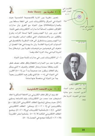 18
Bohr Theory QƒH ájô¶f 4 – 1
‫حيث‬ ‫الشمسية‬ ‫كالمجموعة‬ ‫الذرة‬ ‫بور‬ ‫نظرية‬ ‫تصور‬
‫بور‬ ‫سماها‬ ‫اغلفة‬ ‫في‬ ‫تدور‬ ‫وااللكترونات‬ ‫المركز‬ ‫في‬ ‫النواة‬
‫مدارات‬ ‫بأن‬ ‫الفرق‬ ‫مع‬ ‫النواة‬ ‫حول‬ )Orbitals(‫بالمدارات‬
.‫ثابتة‬ ‫فهي‬ ‫االلكترونات‬ ‫مدارات‬ ‫اما‬ ً‫ا‬‫اتساع‬ ‫تتفاوت‬ ‫الكواكب‬
‫وخرج‬ ‫الذرات‬ ‫ابسط‬ ‫النها‬ ‫الهيدروجين‬ ‫ذرة‬ ‫بور‬ ‫درس‬ ‫لقد‬
‫عن‬ ‫نظريته‬ ‫اساس‬ ‫شكلت‬ ‫التي‬ ‫واالستنتاجات‬ ‫من‬ ‫بالكثير‬
‫في‬ ‫بالتفصيل‬ ‫النظرية‬ ‫هذه‬ ‫الى‬ ‫وسنتطرق‬ ‫الهيدروجين‬ ‫ذرة‬
‫ان‬ ‫الفصل‬ ‫هذا‬ ‫في‬ ‫يهمنا‬ ‫ما‬ ‫وان‬ .‫القادمة‬ ‫الدراسية‬ ‫السنوات‬
‫بما‬ ‫ترتبطان‬ ‫بور‬ ‫نظرية‬ ‫فرضيات‬ ‫من‬ ‫فرضيتين‬ ‫الى‬ ‫نتعرف‬
: ‫وهما‬ ‫اعاله‬ ‫الذرة‬ ‫بناء‬ ‫في‬ ‫اليه‬ ‫اشرنا‬
. ‫النواة‬ ‫حول‬ ‫ثابتة‬ ‫مدارات‬ ‫في‬ ‫تدور‬ ‫االلكترونات‬ ‫ان‬ – ‫أ‬
‫قطر‬ ‫نصف‬ ‫غالف‬ ‫ولكل‬ )‫(اغلفة‬ ‫المدارات‬ ‫من‬ ‫عدد‬ ‫ب–للذرة‬
‫يمثل‬ ‫الذي‬ n ‫بالحرف‬ ‫للﻐالف‬ ‫ويشار‬ ‫محددة‬ ‫وطاقة‬ ‫ثابت‬
‫االقرب‬ )n = 1( ‫من‬ ً‫ا‬‫بدء‬ ً‫ا‬‫صحيح‬ ‫عدد‬ ‫ويكون‬ ‫الﻐالف‬ ‫رقم‬
ً‫ا‬‫بعيد‬ ‫االلكترون‬ ‫فيه‬ ‫يكون‬ ‫الذي‬ )n = ∞( ‫الى‬ ‫النواة‬ ‫الى‬
.ً‫ا‬‫تمام‬ ‫عنها‬ ً‫ال‬‫منفص‬ ‫اي‬ ‫النواة‬ ‫عن‬ ً‫ا‬‫جد‬
á«fhÎμd’G áØ∏Z’G Aπe 5 – 1
‫اعاله‬ ‫المذكورة‬ ‫االغلفة‬ ‫من‬ ‫الكتروني‬ ‫غالف‬ ‫لكل‬ ‫ان‬ ‫وجد‬ ‫لقد‬
‫يساوي‬ ‫الشباعه‬ ‫يلزم‬ ‫االلكترونات‬ ‫من‬ ‫محدد‬ ‫عدد‬ ‫استيعاب‬
‫االول‬ ‫االلكتروني‬ ‫الﻐالف‬ )‫(يشبع‬ ‫يمتلﺊ‬ ‫حيث‬ .)2n2
(
‫االلكتروني‬ ‫الﻐالف‬ ‫ويمتلﺊ‬ .)2 × 12
= 2( ‫اي‬ ‫بالكترونين‬
‫ويشبع‬ .)2 × 22
= 8( ‫اي‬ ‫الكترونات‬ ‫بثمانية‬ ‫الثاني‬
ً‫ا‬‫الكترون‬ ‫عشر‬ ‫بثمانية‬ M ‫الثالث‬ ‫االلكتروني‬ ‫الﻐالف‬
.)4 – 1( ‫الجدول‬ ‫في‬ ‫موضح‬ ‫وكما‬ )2 × 32
= 18(
)n = 1(K
)n = 2( L
)n = 3(
‫بور‬ ‫نموذج‬
)1962-1885( ‫بور‬ ‫نيلز‬
‫البناء‬ ‫نماذج‬ ‫مقترحي‬ ‫احد‬
‫جائزة‬ ‫منح‬ .‫الحديث‬ ‫الذري‬
‫عام‬ ‫الذرية‬ ‫الفيزياء‬ ‫في‬ ‫نوبل‬
.1922
‫نواة‬
+
‫في‬ ‫الكترون‬
‫االول‬ ‫المدار‬
n = 1
‫المدار‬ ‫في‬ ‫الكترون‬
n = 2 ‫الثاني‬
 