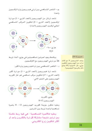 2
‫اوكسجين‬ ‫وذرة‬ ‫هيدروجين‬ ‫ذرتي‬ ‫بين‬ ‫التساهمي‬ ‫التﺂصر‬ - ‫جـ‬
:‫واحدة‬
‫ذرة‬ ‫مع‬ )1 = ‫الذري‬ ‫(العدد‬ ‫الهيدروجين‬ ‫من‬ ‫ذرتان‬ ‫تتحد‬
‫التساهمي‬ ‫المركب‬ ‫لتكوين‬ )8 = ‫الذري‬ ‫(العدد‬ ‫اوكسجين‬
: )‫(الماء‬ ‫الهيدروجين‬ ‫اوكسيد‬ ‫احادي‬
‫تربط‬ ‫الماء‬ ‫جزيء‬ ‫في‬ ‫تساهميتين‬ ‫اصرتين‬ ‫وجود‬ ‫ويالحﻆ‬
.‫االوكسجين‬ ‫مع‬ ‫الهيدروجين‬ ‫ذرتي‬ ‫من‬ ً‫ال‬‫ك‬
:‫كلور‬ ‫وذرة‬ ‫هيدروجين‬ ‫ذرة‬ ‫بين‬ ‫التساهمي‬ ‫التاصر‬ – ‫د‬
‫كلور‬ ‫ذرة‬ ‫مع‬ )1 = ‫الذري‬ ‫(العدد‬ ‫هيدروجين‬ ‫ذرة‬ ‫تتحد‬
‫كلوريد‬ ‫غاز‬ ‫هو‬ ‫تساهمي‬ ‫مركب‬ ‫لتكوين‬ )17 = ‫الذري‬ ‫(العدد‬
:‫االتي‬ ‫النحو‬ ‫على‬ ‫الهيدروجين‬
‫بﺂصرة‬ H – Cl ‫الهيدروجين‬ ‫كلوريد‬ ‫جزيئة‬ ‫تتكون‬ ‫وعليه‬
.‫الذرتين‬ ‫بين‬ ‫تربط‬ ‫واحدة‬ ‫تساهمية‬
‫ناشئة‬ ‫ربط‬ ‫قوة‬ ‫هي‬ : ‫التساهمية‬ ‫فاﻵصرة‬ ‫وعليه‬
‫أو‬ ‫واحد‬ ‫بالكترون‬ ‫ذرة‬ ‫كل‬ ‫مشاركة‬ ‫نتيجة‬ ‫ذرتﲔ‬ ‫بﲔ‬
.‫الكتروني‬ ‫زوج‬ ‫لتكوين‬ ‫أكثر‬
‫كلوريد‬ ‫جزيء‬
H-Cl ‫الهيدروجين‬
H
O
H
)10-1( ‫تمرين‬
‫ثالث‬ ‫مع‬ N ‫النتروجين‬ ‫يتحد‬
‫لتكوين‬ ‫الهيدروجين‬ ‫من‬ ‫ذرات‬
‫وضح‬ NH3
‫االمونيا‬ ‫غاز‬ ‫جزيء‬
. ‫التوضيحية‬ ‫بالرسوم‬ ‫ذلك‬
+
‫ء‬ ‫ما‬ ‫ء‬ ‫ي‬ ‫جز‬
H2
O
8P+
8n0
1P+
1P+
8P+
8n0
O
H
1P+
H
1P+
Cl
H
+1P+ 1P+17P+
18n0
17P+
18n0
 