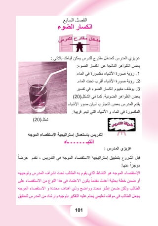 101
‫ﺍﻟﺴﺎﺑﻊ‬ ‫ﺍﻟﻔﺼﻞ‬
‫ﺍﻟﻀﻮء‬ ‫ﺍﻧﻜﺴﺎﺭ‬
: ‫ﺑﺎﻵﺗﻲ‬ ‫ﻗﻴﺎﻣﻚ‬ ‫ﻳﻤﻜﻦ‬ ‫ﻟﻠﺪﺭﺱ‬ ‫ﻣﻘﺘﺮﺡ‬ ‫ﻛﻤﺪﺧﻞ‬ ‫ﺍﻟﻤﺪﺭﺱ‬ ‫ﻋﺰﻳﺰﻱ‬
:‫ﺍﻟﻀﻮء‬ ‫ﺍﻧﻜﺴﺎﺭ‬ ‫ﻋﻦ‬ ‫ﺍﻟﻨﺎﺗﺠﺔ‬ ‫ﺍﻟﻈﻮﺍﻫﺮ‬ ‫ﺑﻌﺾ‬
.‫ﺍﻟﻤﺎء‬ ‫ﻓﻲ‬ ‫ﻣﻜﺴﻮﺭﺓ‬ ‫ﺍﻷﺷﻴﺎء‬ ‫ﺻﻮﺭﺓ‬ ‫ﺭﺅﻳﺔ‬ 1.
.‫ﺍﻟﻤﺎء‬ ‫ﺗﺤﺖ‬ ‫ﺃﻗﺮﺏ‬ ‫ﺍﻷﺷﻴﺎء‬ ‫ﺻﻮﺭﺓ‬ ‫ﺭﺅﻳﺔ‬ 2.
‫ﺗﻔﺴﻴﺮ‬ ‫ﻓﻲ‬ ‫ﺍﻟﻀﻮء‬ ‫ﺍﻧﻜﺴﺎﺭ‬ ‫ﻣﻔﻬﻮﻡ‬ ‫ﻳﻮﻇﻒ‬ 3.
(20)‫ﺍﻟﺸﻜﻞ‬ ‫ﻓﻲ‬ ‫ﻛﻤﺎ‬ .‫ﺍﻟﻀﻮﺋﻴﺔ‬ ‫ﺍﻟﻈﻮﺍﻫﺮ‬ ‫ﺑﻌﺾ‬
‫ﺍﻷﺷﻴﺎء‬ ‫ﺻﻮﺭ‬ ‫ﻟﺒﻴﺎﻥ‬ ‫ﺍﻟﺘﺠﺎﺭﺏ‬ ‫ﺑﻌﺾ‬ ‫ﺍﻟﻤﺪﺭﺱ‬ ‫ﻳﻘﺪﻡ‬
.‫ﻗﺮﻳﺒﺔ‬ ‫ﺗﺒﺪﻭ‬ ‫ﺍﻟﺘﻲ‬ ‫ﺍﻷﺷﻴﺎء‬ ‫ﻭ‬ ‫ﺍﻟﻤﺎء‬ ‫ﻓﻲ‬ ‫ﺍﻟﻤﻜﺴﻮﺭﺓ‬
(20)‫ﺷﻜﻞ‬
‫ﺍﻟﻤﻮﺟﻪ‬ ‫ﺍﻻﺳﺘﻘﺼﺎء‬ ‫ﺇﺳﺘﺮﺍﺗﻴﺠﻴﺔ‬ ‫ﺑﺎﺳﺘﻌﻤﺎﻝ‬ ‫ﺍﻟﺘﺪﺭﻳﺲ‬
‫ـﺎﻩ‬ ‫ـ‬ ‫ـ‬ ‫ـ‬ ‫ـ‬ ‫ـ‬ ‫ﺍﻧﺘﺒـ‬
: ‫ﺍﻟﻤﺪﺭﺱ‬ ‫ﻋﺰﻳﺰﻱ‬
ً‫ﻋﺮﺿﺎ‬ ‫ﻧﻘﺪﻡ‬ ، ‫ﺍﻟﺘﺪﺭﻳﺲ‬ ‫ﻓﻲ‬ ‫ﺍﻟﻤﻮﺟﺔ‬ ‫ﺍﻻﺳﺘﻘﺼﺎء‬ ‫ﺇﺳﺘﺮﺍﺗﻴﺠﻴﺔ‬ ‫ﺑﺘﻄﺒﻴﻖ‬ ‫ﺍﻟﺸﺮﻭﻉ‬ ‫ﻗﺒﻞ‬
:‫ﻋﻨﻬﺎ‬ ً‫ﻣﻮﺟﺰﺍ‬
‫ﻭﺗﻮﺟﻴﻬﻪ‬ ‫ﺍﻟﻤﺪﺭﺱ‬ ‫ﺇﺷﺮﺍﻑ‬ ‫ﺗﺤﺖ‬ ‫ﺍﻟﻄﺎﻟﺐ‬ ‫ﺑﻪ‬ ‫ﻳﻘﻮﻡ‬ ‫ﺍﻟﺬﻱ‬ ‫ﺍﻟﻨﺸﺎﻁ‬ ‫ﻫﻮ‬ ‫ﺍﻟﻤﻮﺟﻪ‬ ‫ﺍﻻﺳﺘﻘﺼﺎء‬
‫ﻋﻠﻰ‬ ‫ﺍﻻﺳﺘﻘﺼﺎء‬ ‫ﻣﻦ‬ ‫ﺍﻟﻨﻮﻉ‬ ‫ﻫﺬﺍ‬ ‫ﻓﻲ‬ ‫ﺍﻻﻋﺘﻤﺎﺩ‬ ‫ﻳﻜﻮﻥ‬ ً‫ﻣﻘﺪﻣﺎ‬ ‫ﺃﻋﺪﺕ‬ ‫ﺑﺤﺜﻴﺔ‬ ‫ﺧﻄﺔ‬ ‫ﺿﻤﻦ‬ ‫ﺃﻭ‬
‫ﺍﻟﻤﻮﺟﻪ‬ ‫ﺍﻻﺳﺘﻘﺼﺎء‬ ‫ﻭ‬ ‫ﻣﺤﺪﺩﺓ‬ ‫ﺃﻫﺪﺍﻑ‬ ‫ﻭﺫﻱ‬ ‫ﻭﻭﺍﺿﺢ‬ ‫ﻣﺤﺪﺩ‬ ‫ﺇﻃﺎﺭ‬ ‫ﺿﻤﻦ‬ ‫ﻭﻟﻜﻦ‬ ‫ﺍﻟﻄﺎﻟﺐ‬
‫ﻟﺘﺤﻘﻴﻖ‬ ‫ﺍﻟﻤﺪﺭﺱ‬ ‫ﻣﻦ‬ ‫ﻭﺇﺭﺷﺎﺩ‬ ‫ﺑﺘﻮﺟﻴﻪ‬ ‫ﺍﻟﺘﻔﻜﻴﺮ‬ ‫ﻋﻠﻴﻪ‬ ‫ﻳﺤﺘﻢ‬ ‫ﺗﻌﻠﻴﻤﻲ‬ ‫ﻣﻮﻗﻒ‬ ‫ﻓﻲ‬ ‫ﺍﻟﻄﺎﻟﺐ‬ ‫ﻳﺠﻌﻞ‬
 