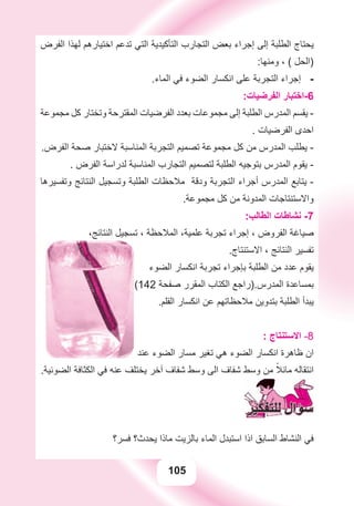 105
‫ﺍﻟﻔﺮﺽ‬ ‫ﻟﻬﺬﺍ‬ ‫ﺍﺧﺘﻴﺎﺭﻫﻢ‬ ‫ﺗﺪﻋﻢ‬ ‫ﺍﻟﺘﻲ‬ ‫ﺍﻟﺘﺄﻛﻴﺪﻳﺔ‬ ‫ﺍﻟﺘﺠﺎﺭﺏ‬ ‫ﺑﻌﺾ‬ ‫ﺇﺟﺮﺍء‬ ‫ﺇﻟﻰ‬ ‫ﺍﻟﻄﻠﺒﺔ‬ ‫ﻳﺤﺘﺎﺝ‬
:‫ﻭﻣﻨﻬﺎ‬ ، ( ‫)ﺍﻟﺤﻞ‬
.‫ﺍﻟﻤﺎء‬ ‫ﻓﻲ‬ ‫ﺍﻟﻀﻮء‬ ‫ﺍﻧﻜﺴﺎﺭ‬ ‫ﻋﻠﻰ‬ ‫ﺍﻟﺘﺠﺮﺑﺔ‬ ‫ﺇﺟﺮﺍء‬ -
:‫ﺍﻟﻔﺮﺿﻴﺎﺕ‬ ‫6-ﺍﺧﺘﺒﺎﺭ‬
‫ﻣﺠﻤﻮﻋﺔ‬ ‫ﻛﻞ‬ ‫ﻭﺗﺨﺘﺎﺭ‬ ‫ﺍﻟﻤﻘﺘﺮﺣﺔ‬ ‫ﺍﻟﻔﺮﺿﻴﺎﺕ‬ ‫ﺑﻌﺪﺩ‬ ‫ﻣﺠﻤﻮﻋﺎﺕ‬ ‫ﺇﻟﻰ‬ ‫ﺍﻟﻄﻠﺒﺔ‬ ‫ﺍﻟﻤﺪﺭﺱ‬ ‫ﻳﻘﺴﻢ‬ -
. ‫ﺍﻟﻔﺮﺿﻴﺎﺕ‬ ‫ﺍﺣﺪﻯ‬
.‫ﺍﻟﻔﺮﺽ‬ ‫ﺻﺤﺔ‬ ‫ﻻﺧﺘﺒﺎﺭ‬ ‫ﺍﻟﻤﻨﺎﺳﺒﺔ‬ ‫ﺍﻟﺘﺠﺮﺑﺔ‬ ‫ﺗﺼﻤﻴﻢ‬ ‫ﻣﺠﻤﻮﻋﺔ‬ ‫ﻛﻞ‬ ‫ﻣﻦ‬ ‫ﺍﻟﻤﺪﺭﺱ‬ ‫ﻳﻄﻠﺐ‬ -
. ‫ﺍﻟﻔﺮﺽ‬ ‫ﻟﺪﺭﺍﺳﺔ‬ ‫ﺍﻟﻤﻨﺎﺳﺒﺔ‬ ‫ﺍﻟﺘﺠﺎﺭﺏ‬ ‫ﻟﺘﺼﻤﻴﻢ‬ ‫ﺍﻟﻄﻠﺒﺔ‬ ‫ﺑﺘﻮﺟﻴﻪ‬ ‫ﺍﻟﻤﺪﺭﺱ‬ ‫ﻳﻘﻮﻡ‬ -
‫ﻭﺗﻔﺴﻴﺮﻫﺎ‬ ‫ﺍﻟﻨﺘﺎﺋﺞ‬ ‫ﻭﺗﺴﺠﻴﻞ‬ ‫ﺍﻟﻄﻠﺒﺔ‬ ‫ﻣﻼﺣﻈﺎﺕ‬ ‫ﻭﺩﻗﺔ‬ ‫ﺍﻟﺘﺠﺮﺑﺔ‬ ‫ﺃﺟﺮﺍء‬ ‫ﺍﻟﻤﺪﺭﺱ‬ ‫ﻳﺘﺎﺑﻊ‬ -
.‫ﻣﺠﻤﻮﻋﺔ‬ ‫ﻛﻞ‬ ‫ﻣﻦ‬ ‫ﺍﻟﻤﺪﻭﻧﺔ‬ ‫ﻭﺍﻻﺳﺘﻨﺘﺎﺟﺎﺕ‬
:‫ﺍﻟﻄﺎﻟﺐ‬ ‫ﻧﺸﺎﻃﺎﺕ‬ -7
،‫ﺍﻟﻨﺘﺎﺋﺞ‬ ‫ﺗﺴﺠﻴﻞ‬ ، ‫ﺍﻟﻤﻼﺣﻈﺔ‬ ،‫ﻋﻠﻤﻴﺔ‬ ‫ﺗﺠﺮﺑﺔ‬ ‫ﺇﺟﺮﺍء‬ ، ‫ﺍﻟﻔﺮﻭﺽ‬ ‫ﺻﻴﺎﻏﺔ‬
.‫ﺍﻻﺳﺘﻨﺘﺎﺝ‬ ، ‫ﺍﻟﻨﺘﺎﺋﺞ‬ ‫ﺗﻔﺴﻴﺮ‬
‫ﺍﻟﻀﻮء‬ ‫ﺍﻧﻜﺴﺎﺭ‬ ‫ﺗﺠﺮﺑﺔ‬ ‫ﺑﺈﺟﺮﺍء‬ ‫ﺍﻟﻄﻠﺒﺔ‬ ‫ﻣﻦ‬ ‫ﻋﺪﺩ‬ ‫ﻳﻘﻮﻡ‬
(142 ‫ﺻﻔﺤﺔ‬ ‫ﺍﻟﻤﻘﺮﺭ‬ ‫ﺍﻟﻜﺘﺎﺏ‬ ‫ﺍﻟﻤﺪﺭﺱ.)ﺭﺍﺟﻊ‬ ‫ﺑﻤﺴﺎﻋﺪﺓ‬
.‫ﺍﻟﻘﻠﻢ‬ ‫ﺍﻧﻜﺴﺎﺭ‬ ‫ﻋﻦ‬ ‫ﻣﻼﺣﻈﺎﺗﻬﻢ‬ ‫ﺑﺘﺪﻭﻳﻦ‬ ‫ﺍﻟﻄﻠﺒﺔ‬ ‫ﻳﺒﺪﺃ‬
: ‫ﺍﻻﺳﺘﻨﺘﺎﺝ‬ -8
‫ﻋﻨﺪ‬ ‫ﺍﻟﻀﻮء‬ ‫ﻣﺴﺎﺭ‬ ‫ﺗﻐﻴﺮ‬ ‫ﻫﻲ‬ ‫ﺍﻟﻀﻮء‬ ‫ﺍﻧﻜﺴﺎﺭ‬ ‫ﻇﺎﻫﺮﺓ‬ ‫ﺍﻥ‬
.‫ﺍﻟﻀﻮﺋﻴﺔ‬ ‫ﺍﻟﻜﺜﺎﻓﺔ‬ ‫ﻓﻲ‬ ‫ﻋﻨﻪ‬ ‫ﻳﺨﺘﻠﻒ‬ ‫ﺁﺧﺮ‬ ‫ﺷﻔﺎﻑ‬ ‫ﻭﺳﻂ‬ ‫ﺍﻟﻰ‬ ‫ﺷﻔﺎﻑ‬ ‫ﻭﺳﻂ‬ ‫ﻣﻦ‬ ً‫ﻣﺎﺋﻼ‬ ‫ﺍﻧﺘﻘﺎﻟﻪ‬
‫ﻓﺴﺮ؟‬ ‫ﻳﺤﺪﺙ؟‬ ‫ﻣﺎﺫﺍ‬ ‫ﺑﺎﻟﺰﻳﺖ‬ ‫ﺍﻟﻤﺎء‬ ‫ﺍﺳﺘﺒﺪﻝ‬ ‫ﺍﺫﺍ‬ ‫ﺍﻟﺴﺎﺑﻖ‬ ‫ﺍﻟﻨﺸﺎﻁ‬ ‫ﻓﻲ‬
 