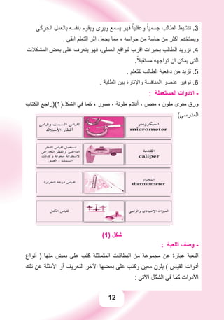 12
‫ﺍﻟﺤﺮﻛﻲ‬ ‫ﺑﺎﻟﻌﻤﻞ‬ ‫ﺑﻨﻔﺴﻪ‬ ‫ﻭﻳﻘﻮﻡ‬ ‫ﻭﻳﺮﻯ‬ ‫ﻳﺴﻤﻊ‬ ‫ﻓﻬﻮ‬ ً‫ﻭﻋﻘﻠﻴﺎ‬ ً‫ﺟﺴﻤﻴﺎ‬ ‫ﺍﻟﻄﺎﻟﺐ‬ ‫ﺗﻨﺸﻴﻂ‬ .3
. ‫ﺍﺑﻘﻰ‬ ‫ﺍﻟﺘﻌﻠﻢ‬ ‫ﺍﺛﺮ‬ ‫ﻳﺠﻌﻞ‬ ‫ﻣﻤﺎ‬ ، ‫ﺣﻮﺍﺳﻪ‬ ‫ﻣﻦ‬ ‫ﺣﺎﺳﺔ‬ ‫ﻣﻦ‬ ‫ﺍﻛﺜﺮ‬ ‫ﻭﻳﺴﺘﺨﺪﻡ‬
‫ﺍﻟﻤﺸﻜﻼﺕ‬ ‫ﺑﻌﺾ‬ ‫ﻋﻠﻰ‬ ‫ﻳﺘﻌﺮﻑ‬ ‫ﻓﻬﻮ‬ ،‫ﺍﻟﻌﻤﻠﻲ‬ ‫ﻟﻠﻮﺍﻗﻊ‬ ‫ﺍﻗﺮﺏ‬ ‫ﺑﺨﺒﺮﺍﺕ‬ ‫ﺍﻟﻄﺎﻟﺐ‬ ‫ﺗﺰﻭﻳﺪ‬ .4
.ً‫ﻣﺴﺘﻘﺒﻼ‬ ‫ﺗﻮﺍﺟﻬﻪ‬ ‫ﺍﻥ‬ ‫ﻳﻤﻜﻦ‬ ‫ﺍﻟﺘﻲ‬
. ‫ﻟﻠﺘﻌﻠﻢ‬ ‫ﺍﻟﻄﺎﻟﺐ‬ ‫ﺩﺍﻓﻌﻴﺔ‬ ‫ﻣﻦ‬ ‫ﺗﺰﻳﺪ‬ .5
. ‫ﺍﻟﻄﻠﺒﺔ‬ ‫ﺑﻴﻦ‬ ‫ﻭﺍﻹﺛﺎﺭﺓ‬ ‫ﺍﻟﻤﻨﺎﻓﺴﺔ‬ ‫ﻋﻨﺼﺮ‬ ‫ﺗﻮﻓﻴﺮ‬ .6
: ‫ﺍﻟﻤﺴﺘﻌﻤﻠﺔ‬ ‫ﺍﻷﺩﻭﺍﺕ‬ -
‫ﺍﻟﻜﺘﺎﺏ‬ ‫ﺍﻟﺸﻜﻞ)1()ﺭﺍﺟﻊ‬ ‫ﻓﻲ‬ ‫ﻛﻤﺎ‬ ، ‫ﺻﻮﺭ‬ ، ‫ﻣﻠﻮﻧﺔ‬ ‫ﺃﻗﻼﻡ‬ ، ‫ﻣﻘﺺ‬ ، ‫ﻣﻠﻮﻥ‬ ‫ﻣﻘﻮﻯ‬ ‫ﻭﺭﻕ‬
(‫ﺍﻟﻤﺪﺭﺳﻲ‬
(1) ‫ﺷﻜﻞ‬
: ‫ﺍﻟﻠﻌﺒﺔ‬ ‫ﻭﺻﻒ‬ -
‫ﺃﻧﻮﺍﻉ‬ ) ‫ﻣﻨﻬﺎ‬ ‫ﺑﻌﺾ‬ ‫ﻋﻠﻰ‬ ‫ﻛﺘﺐ‬ ‫ﺍﻟﻤﺘﻤﺎﺛﻠﺔ‬ ‫ﺍﻟﺒﻄﺎﻗﺎﺕ‬ ‫ﻣﻦ‬ ‫ﻣﺠﻤﻮﻋﺔ‬ ‫ﻋﻦ‬ ‫ﻋﺒﺎﺭﺓ‬ ‫ﺍﻟﻠﻌﺒﺔ‬
‫ﺗﻠﻚ‬ ‫ﻋﻦ‬ ‫ﺍﻷﻣﺜﻠﺔ‬ ‫ﺃﻭ‬ ‫ﺍﻟﺘﻌﺮﻳﻒ‬ ‫ﺍﻵﺧﺮ‬ ‫ﺑﻌﻀﻬﺎ‬ ‫ﻋﻠﻰ‬ ‫ﻭﻛﺘﺐ‬ ‫ﻣﻌﻴﻦ‬ ‫ﺑﻠﻮﻥ‬ ( ‫ﺍﻟﻘﻴﺎﺱ‬ ‫ﺃﺩﻭﺍﺕ‬
: ‫ﺍﻵﺗﻲ‬ ‫ﺍﻟﺸﻜﻞ‬ ‫ﻓﻲ‬ ‫ﻛﻤﺎ‬ ‫ﺍﻷﺩﻭﺍﺕ‬
 