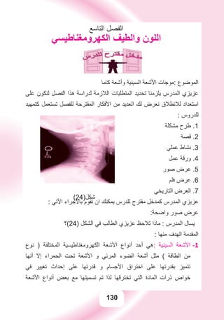 130
‫ﺍﻟﺘﺎﺳﻊ‬ ‫ﺍﻟﻔﺼﻞ‬
‫ﺍﻟﻜﻬﺮﻭﻣﻐﻨﺎﻃﻴﺴﻲ‬ ‫ﻭﺍﻟﻄﻴﻒ‬ ‫ﺍﻟﻠﻮﻥ‬
‫ﻛﺎﻣﺎ‬ ‫ﻭﺃﺷﻌﺔ‬ ‫ﺍﻟﺴﻴﻨﻴﺔ‬ ‫ﺍﻷﺷﻌﺔ‬ ‫:ﻣﻮﺟﺎﺕ‬ ‫ﺍﻟﻤﻮﺿﻮﻉ‬
‫ﻋﻠﻰ‬ ‫ﻟﻨﻜﻮﻥ‬ ‫ﺍﻟﻔﺼﻞ‬ ‫ﻫﺬﺍ‬ ‫ﻟﺪﺭﺍﺳﺔ‬ ‫ﺍﻟﻼﺯﻣﺔ‬ ‫ﺍﻟﻤﺘﻄﻠﺒﺎﺕ‬ ‫ﺗﺤﺪﻳﺪ‬ ‫ﻳﻠﺰﻣﻨﺎ‬ ‫ﺍﻟﻤﺪﺭﺱ‬ ‫ﻋﺰﻳﺰﻱ‬
‫ﻛﺘﻤﻬﻴﺪ‬ ‫ﺗﺴﺘﻌﻤﻞ‬ ‫ﻟﻠﻔﺼﻞ‬ ‫ﺍﻟﻤﻘﺘﺮﺣﺔ‬ ‫ﺍﻷﻓﻜﺎﺭ‬ ‫ﻣﻦ‬ ‫ﺍﻟﻌﺪﻳﺪ‬ ‫ﻟﻚ‬ ‫ﻧﻌﺮﺽ‬ ‫ﻟﻼﻧﻄﻼﻕ‬ ‫ﺍﺳﺘﻌﺪﺍﺩ‬
: ‫ﻟﻠﺪﺭﻭﺱ‬
‫ﻣﺸﻜﻠﺔ‬ ‫ﻃﺮﺡ‬ .1
‫ﻗﺼﺔ‬ .2
‫ﻋﻤﻠﻲ‬ ‫ﻧﺸﺎﻁ‬ .3
‫ﻋﻤﻞ‬ ‫ﻭﺭﻗﺔ‬ .4
‫ﺻﻮﺭ‬ ‫ﻋﺮﺽ‬ .5
‫ﻓﻠﻢ‬ ‫ﻋﺮﺽ‬ .6
‫ﺍﻟﺘﺎﺭﻳﺨﻲ‬ ‫ﺍﻟﻌﺮﺽ‬ .7
: ‫ﺍﻵﺗﻲ‬ ‫ﺑﺎﻻﺟﺮﺍء‬ ‫ﺗﻘﻮﻡ‬ ‫ﺍﻥ‬ ‫ﻳﻤﻜﻨﻚ‬ ‫ﻟﻠﺪﺭﺱ‬ ‫ﻣﻘﺘﺮﺡ‬ ‫ﻛﻤﺪﺧﻞ‬ ‫ﺍﻟﻤﺪﺭﺱ‬ ‫ﻋﺰﻳﺰﻱ‬
:‫ﻭﺍﺿﺤﺔ‬ ‫ﺻﻮﺭ‬ ‫ﻋﺮﺽ‬
‫)42(؟‬ ‫ﺍﻟﺸﻜﻞ‬ ‫ﻓﻲ‬ ‫ﺍﻟﻄﺎﻟﺐ‬ ‫ﻋﺰﻳﺰﻱ‬ ‫ﺗﻼﺣﻆ‬ ‫ﻣﺎﺫﺍ‬ : ‫ﺍﻟﻤﺪﺭﺱ‬ ‫ﻳﺴﺎﻝ‬
: ‫ﻣﻨﻬﺎ‬ ‫ﺍﻟﻬﺪﻑ‬ ‫ﺍﻟﻤﻘﺪﻣﺔ‬
‫ﻧﻮﻉ‬ ) ‫ﺍﻟﻤﺨﺘﻠﻔﺔ‬ ‫ﺍﻟﻜﻬﺮﻭﻣﻐﻨﺎﻃﻴﺴﻴﺔ‬ ‫ﺍﻷﺷﻌﺔ‬ ‫ﺃﻧﻮﺍﻉ‬ ‫ﺃﺣﺪ‬ ‫ﻫﻲ‬ -1: ‫ﺍﻟﺴﻴﻨﻴﺔ‬ ‫ﺍﻷﺷﻌﺔ‬
‫ﺃﻧﻬﺎ‬ ‫ﺇﻻ‬ ‫ﺍﻟﺤﻤﺮﺍء‬ ‫ﺗﺤﺖ‬ ‫ﺍﻷﺷﻌﺔ‬ ‫ﻭ‬ ‫ﺍﻟﻤﺮﺋﻲ‬ ‫ﺍﻟﻀﻮء‬ ‫ﺃﺷﻌﺔ‬ ‫ﻣﺜﻞ‬ ( ‫ﺍﻟﻄﺎﻗﺔ‬ ‫ﻣﻦ‬
‫ﻓﻲ‬ ‫ﺗﻐﻴﻴﺮ‬ ‫ﺇﺣﺪﺍﺙ‬ ‫ﻋﻠﻰ‬ ‫ﻗﺪﺭﺗﻬﺎ‬ ‫ﻭ‬ ‫ﺍﻷﺟﺴﺎﻡ‬ ‫ﺍﺧﺘﺮﺍﻕ‬ ‫ﻋﻠﻰ‬ ‫ﺑﻘﺪﺭﺗﻬﺎ‬ ‫ﺗﺘﻤﻴﺰ‬
‫ﺍﻷﺷﻌﺔ‬ ‫ﺃﻧﻮﺍﻉ‬ ‫ﺑﻌﺾ‬ ‫ﻣﻊ‬ ‫ﺗﺴﻤﻴﺘﻬﺎ‬ ‫ﺗﻢ‬ ‫ﻟﺬﺍ‬ ‫ﺗﺨﺘﺮﻗﻬﺎ‬ ‫ﺍﻟﺘﻲ‬ ‫ﺍﻟﻤﺎﺩﺓ‬ ‫ﺫﺭﺍﺕ‬ ‫ﺧﻮﺍﺹ‬
(24)‫ﺷﻜﻞ‬
 