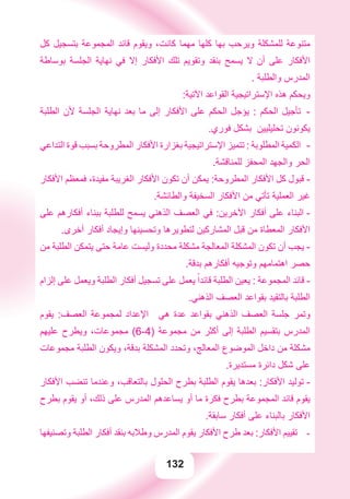 132
‫ﻛﻞ‬ ‫ﺑﺘﺴﺠﻴﻞ‬ ‫ﺍﻟﻤﺠﻤﻮﻋﺔ‬ ‫ﻗﺎﺋﺪ‬ ‫ﻭﻳﻘﻮﻡ‬ ،‫ﻛﺎﻧﺖ‬ ‫ﻣﻬﻤﺎ‬ ‫ﻛﻠﻬﺎ‬ ‫ﺑﻬﺎ‬ ‫ﻭﻳﺮﺣﺐ‬ ‫ﻟﻠﻤﺸﻜﻠﺔ‬ ‫ﻣﺘﻨﻮﻋﺔ‬
‫ﺑﻮﺳﺎﻃﺔ‬ ‫ﺍﻟﺠﻠﺴﺔ‬ ‫ﻧﻬﺎﻳﺔ‬ ‫ﻓﻲ‬ ‫ﺇﻻ‬ ‫ﺍﻷﻓﻜﺎﺭ‬ ‫ﺗﻠﻚ‬ ‫ﻭﺗﻘﻮﻳﻢ‬ ‫ﺑﻨﻘﺪ‬ ‫ﻳﺴﻤﺢ‬ ‫ﻻ‬ ‫ﺃﻥ‬ ‫ﻋﻠﻰ‬ ‫ﺍﻷﻓﻜﺎﺭ‬
. ‫ﻭﺍﻟﻄﻠﺒﺔ‬ ‫ﺍﻟﻤﺪﺭﺱ‬
:‫ﺍﻵﺗﻴﺔ‬ ‫ﺍﻟﻘﻮﺍﻋﺪ‬ ‫ﺍﻹﺳﺘﺮﺍﺗﻴﺠﻴﺔ‬ ‫ﻫﺬﻩ‬ ‫ﻭﻳﺤﻜﻢ‬
‫ﺍﻟﻄﻠﺒﺔ‬ ‫ﻷﻥ‬ ‫ﺍﻟﺠﻠﺴﺔ‬ ‫ﻧﻬﺎﻳﺔ‬ ‫ﺑﻌﺪ‬ ‫ﻣﺎ‬ ‫ﺇﻟﻰ‬ ‫ﺍﻷﻓﻜﺎﺭ‬ ‫ﻋﻠﻰ‬ ‫ﺍﻟﺤﻜﻢ‬ ‫ﻳﺆﺟﻞ‬ : ‫ﺍﻟﺤﻜﻢ‬ ‫ﺗﺄﺟﻴﻞ‬ -
.‫ﻓﻮﺭﻱ‬ ‫ﺑﺸﻜﻞ‬ ‫ﺗﺤﻠﻴﻠﻴﻴﻦ‬ ‫ﻳﻜﻮﻧﻮﻥ‬
‫ﺍﻟﺘﺪﺍﻋﻲ‬ ‫ﻗﻮﺓ‬ ‫ﺑﺴﺒﺐ‬ ‫ﺍﻟﻤﻄﺮﻭﺣﺔ‬ ‫ﺍﻷﻓﻜﺎﺭ‬ ‫ﺑﻐﺰﺍﺭﺓ‬ ‫ﺍﻹﺳﺘﺮﺍﺗﻴﺠﻴﺔ‬ ‫ﺗﺘﻤﻴﺰ‬ : ‫ﺍﻟﻤﻄﻠﻮﺑﺔ‬ ‫ﺍﻟﻜﻤﻴﺔ‬ -
.‫ﻟﻠﻤﻨﺎﻗﺸﺔ‬ ‫ﺍﻟﻤﺤﻔﺰ‬ ‫ﻭﺍﻟﺠﻬﺪ‬ ‫ﺍﻟﺤﺮ‬
‫ﺍﻷﻓﻜﺎﺭ‬ ‫ﻓﻤﻌﻈﻢ‬ ،‫ﻣﻔﻴﺪﺓ‬ ‫ﺍﻟﻐﺮﻳﺒﺔ‬ ‫ﺍﻷﻓﻜﺎﺭ‬ ‫ﺗﻜﻮﻥ‬ ‫ﺃﻥ‬ ‫ﻳﻤﻜﻦ‬ :‫ﺍﻟﻤﻄﺮﻭﺣﺔ‬ ‫ﺍﻷﻓﻜﺎﺭ‬ ‫ﻛﻞ‬ ‫ﻗﺒﻮﻝ‬ -
.‫ﻭﺍﻟﻄﺎﺋﺸﺔ‬ ‫ﺍﻟﺴﺨﻴﻔﺔ‬ ‫ﺍﻷﻓﻜﺎﺭ‬ ‫ﻣﻦ‬ ‫ﺗﺄﺗﻲ‬ ‫ﺍﻟﻌﻤﻠﻴﺔ‬ ‫ﻏﻴﺮ‬
‫ﻋﻠﻰ‬ ‫ﺃﻓﻜﺎﺭﻫﻢ‬ ‫ﺑﺒﻨﺎء‬ ‫ﻟﻠﻄﻠﺒﺔ‬ ‫ﻳﺴﻤﺢ‬ ‫ﺍﻟﺬﻫﻨﻲ‬ ‫ﺍﻟﻌﺼﻒ‬ ‫ﻓﻲ‬ :‫ﺍﻵﺧﺮﻳﻦ‬ ‫ﺃﻓﻜﺎﺭ‬ ‫ﻋﻠﻰ‬ ‫ﺍﻟﺒﻨﺎء‬ -
.‫ﺃﺧﺮﻯ‬ ‫ﺃﻓﻜﺎﺭ‬ ‫ﻭﺇﻳﺠﺎﺩ‬ ‫ﻭﺗﺤﺴﻴﻨﻬﺎ‬ ‫ﻟﺘﻄﻮﻳﺮﻫﺎ‬ ‫ﺍﻟﻤﺸﺎﺭﻛﻴﻦ‬ ‫ﻗﺒﻞ‬ ‫ﻣﻦ‬ ‫ﺍﻟﻤﻌﻄﺎﺓ‬ ‫ﺍﻷﻓﻜﺎﺭ‬
‫ﻣﻦ‬ ‫ﺍﻟﻄﻠﺒﺔ‬ ‫ﻳﺘﻤﻜﻦ‬ ‫ﺣﺘﻰ‬ ‫ﻋﺎﻣﺔ‬ ‫ﻭﻟﻴﺴﺖ‬ ‫ﻣﺤﺪﺩﺓ‬ ‫ﻣﺸﻜﻠﺔ‬ ‫ﺍﻟﻤﻌﺎﻟﺠﺔ‬ ‫ﺍﻟﻤﺸﻜﻠﺔ‬ ‫ﺗﻜﻮﻥ‬ ‫ﺃﻥ‬ ‫ﻳﺠﺐ‬ -
.‫ﺑﺪﻗﺔ‬ ‫ﺃﻓﻜﺎﺭﻫﻢ‬ ‫ﻭﺗﻮﺟﻴﻪ‬ ‫ﺍﻫﺘﻤﺎﻣﻬﻢ‬ ‫ﺣﺼﺮ‬
‫ﺇﻟﺰﺍﻡ‬ ‫ﻋﻠﻰ‬ ‫ﻭﻳﻌﻤﻞ‬ ‫ﺍﻟﻄﻠﺒﺔ‬ ‫ﺃﻓﻜﺎﺭ‬ ‫ﺗﺴﺠﻴﻞ‬ ‫ﻋﻠﻰ‬ ‫ﻳﻌﻤﻞ‬ ً‫ﻗﺎﺋﺪﺍ‬ ‫ﺍﻟﻄﻠﺒﺔ‬ ‫ﻳﻌﻴﻦ‬ : ‫ﺍﻟﻤﺠﻤﻮﻋﺔ‬ ‫ﻗﺎﺋﺪ‬ -
.‫ﺍﻟﺬﻫﻨﻲ‬ ‫ﺍﻟﻌﺼﻒ‬ ‫ﺑﻘﻮﺍﻋﺪ‬ ‫ﺑﺎﻟﺘﻘﻴﺪ‬ ‫ﺍﻟﻄﻠﺒﺔ‬
‫ﻳﻘﻮﻡ‬ :‫ﺍﻟﻌﺼﻒ‬ ‫ﻟﻤﺠﻤﻮﻋﺔ‬ ‫ﺍﻹﻋﺪﺍﺩ‬ ‫ﻫﻲ‬ ‫ﻋﺪﺓ‬ ‫ﺑﻘﻮﺍﻋﺪ‬ ‫ﺍﻟﺬﻫﻨﻲ‬ ‫ﺍﻟﻌﺼﻒ‬ ‫ﺟﻠﺴﺔ‬ ‫ﻭﺗﻤﺮ‬
‫ﻋﻠﻴﻬﻢ‬ ‫ﻭﻳﻄﺮﺡ‬ ،‫ﻣﺠﻤﻮﻋﺎﺕ‬ (6-4) ‫ﻣﺠﻤﻮﻋﺔ‬ ‫ﻣﻦ‬ ‫ﺃﻛﺜﺮ‬ ‫ﺇﻟﻰ‬ ‫ﺍﻟﻄﻠﺒﺔ‬ ‫ﺑﺘﻘﺴﻴﻢ‬ ‫ﺍﻟﻤﺪﺭﺱ‬
‫ﻣﺠﻤﻮﻋﺎﺕ‬ ‫ﺍﻟﻄﻠﺒﺔ‬ ‫ﻭﻳﻜﻮﻥ‬ ،‫ﺑﺪﻗﺔ‬ ‫ﺍﻟﻤﺸﻜﻠﺔ‬ ‫ﻭﺗﺤﺪﺩ‬ ،‫ﺍﻟﻤﻌﺎﻟﺞ‬ ‫ﺍﻟﻤﻮﺿﻮﻉ‬ ‫ﺩﺍﺧﻞ‬ ‫ﻣﻦ‬ ‫ﻣﺸﻜﻠﺔ‬
.‫ﻣﺴﺘﺪﻳﺮﺓ‬ ‫ﺩﺍﺋﺮﺓ‬ ‫ﺷﻜﻞ‬ ‫ﻋﻠﻰ‬
‫ﺍﻷﻓﻜﺎﺭ‬ ‫ﺗﻨﻀﺐ‬ ‫ﻭﻋﻨﺪﻣﺎ‬ ،‫ﺑﺎﻟﺘﻌﺎﻗﺐ‬ ‫ﺍﻟﺤﻠﻮﻝ‬ ‫ﺑﻄﺮﺡ‬ ‫ﺍﻟﻄﻠﺒﺔ‬ ‫ﻳﻘﻮﻡ‬ ‫ﺑﻌﺪﻫﺎ‬ :‫ﺍﻷﻓﻜﺎﺭ‬ ‫ﺗﻮﻟﻴﺪ‬ -
‫ﺑﻄﺮﺡ‬ ‫ﻳﻘﻮﻡ‬ ‫ﺃﻭ‬ ،‫ﺫﻟﻚ‬ ‫ﻋﻠﻰ‬ ‫ﺍﻟﻤﺪﺭﺱ‬ ‫ﻳﺴﺎﻋﺪﻫﻢ‬ ‫ﺃﻭ‬ ‫ﻣﺎ‬ ‫ﻓﻜﺮﺓ‬ ‫ﺑﻄﺮﺡ‬ ‫ﺍﻟﻤﺠﻤﻮﻋﺔ‬ ‫ﻗﺎﺋﺪ‬ ‫ﻳﻘﻮﻡ‬
.‫ﺳﺎﺑﻘﺔ‬ ‫ﺃﻓﻜﺎﺭ‬ ‫ﻋﻠﻰ‬ ‫ﺑﺎﻟﺒﻨﺎء‬ ‫ﺍﻷﻓﻜﺎﺭ‬
‫ﻭﺗﺼﻨﻴﻔﻬﺎ‬ ‫ﺍﻟﻄﻠﺒﺔ‬ ‫ﺃﻓﻜﺎﺭ‬ ‫ﺑﻨﻘﺪ‬ ‫ﻭﻃﻼﺑﻪ‬ ‫ﺍﻟﻤﺪﺭﺱ‬ ‫ﻳﻘﻮﻡ‬ ‫ﺍﻷﻓﻜﺎﺭ‬ ‫ﻃﺮﺡ‬ ‫ﺑﻌﺪ‬ :‫ﺍﻷﻓﻜﺎﺭ‬ ‫ﺗﻘﻴﻴﻢ‬ -
 