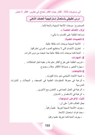 133
.‫ﺗﻌﻤﻞ‬ ‫ﻻ‬ ‫ﺃﻓﻜﺎﺭ‬ -‫ﺗﻄﻮﻳﺮ‬ ‫ﺇﻟﻰ‬ ‫ﺗﺤﺘﺎﺝ‬ ‫ﺃﻓﻜﺎﺭ‬ -‫ﺟﻴﺪﺓ‬ ‫ﺃﻓﻜﺎﺭ‬ : ‫ﺛﻼﺛﺔ‬ ‫ﻣﺴﺘﻮﻳﺎﺕ‬ ‫ﺍﻟﻰ‬
‫ﺍﻟﺬﻫﻨﻲ‬ ‫ﺍﻟﻌﺼﻒ‬ ‫ﺇﺳﺘﺮﺍﺗﻴﺠﻴﺔ‬ ‫ﺑﺄﺳﺘﻌﻤﺎﻝ‬ ‫ﺗﻄﺒﻴﻘﻲ‬ ‫ﺩﺭﺱ‬
. ‫ﻛﺎﻣﺎ‬ ‫ﻭﺃﺷﻌﺔ‬ ‫ﺍﻟﺴﻴﻨﻴﺔ‬ ‫ﺍﻷﺷﻌﺔ‬ ‫ﻣﻮﺟﺎﺕ‬ : ‫ﺍﻟﻤﻮﺿﻮﻉ‬
-: ‫ﺍﻟﺨﺎﺻﺔ‬ ‫ﺍﻷﻫﺪﺍﻑ‬ -:‫ﺃﻭﻻ‬
-:‫ﻳﺄﺗﻲ‬ ‫ﻣﺎ‬ ‫ﺍﻛﺘﺴﺎﺏ‬ ‫ﻋﻠﻰ‬ ‫ﺍﻟﻄﻠﺒﺔ‬ ‫ﻣﺴﺎﻋﺪﺓ‬
:‫ﺍﻟﻌﻠﻤﻴﺔ‬ ‫1-ﺍﻟﺘﻌﻤﻴﻤﺎﺕ‬
.‫ﻋﺎﻟﻴﺔ‬ ‫ﻃﺎﻗﺔ‬ ‫ﺫﺍﺕ‬ ‫ﻣﻮﺟﺎﺕ‬ ‫ﺍﻟﺴﻴﻨﻴﺔ‬ ‫ﺍﻷﺷﻌﺔ‬ -
.‫ﺍﺧﺘﺮﺍﻗﻬﺎ‬ ‫ﺍﻟﻤﺮﺋﻲ‬ ‫ﺍﻟﻀﻮء‬ ‫ﻳﺴﺘﻄﻴﻊ‬ ‫ﻻ‬ ‫ﺍﻟﺘﻲ‬ ‫ﺍﻷﺟﺴﺎﻡ‬ ‫ﺗﺨﺘﺮﻕ‬ -
.‫ﺍﻟﺬﺭﺍﺕ‬ ‫ﻧﻮﻯ‬ ‫ﻣﻦ‬ ‫ﺗﻨﺒﻌﺚ‬ ‫ﺟﺪﺍ‬ ‫ﻋﺎﻟﻴﺔ‬ ‫ﻃﺎﻗﺔ‬ ‫ﺫﺍﺕ‬ ‫ﻣﻮﺟﺎﺕ‬ ‫ﻛﺎﻣﺎ‬ ‫ﺃﺷﻌﺔ‬ -
:‫ﺍﻟﻤﻬﺎﺭﺍﺕ‬ -2
. ‫ﺍﻟﻤﺸﻜﻼﺕ‬ ‫ﻟﺤﻞ‬ ‫ﻣﻔﻴﺪﺓ‬ ‫ﻭ‬ ‫ﻣﺘﻨﻮﻋﺔ‬ ‫ﺃﻓﻜﺎﺭ‬ ‫ﻃﺮﺡ‬ ‫ﻋﻠﻰ‬ ‫ﺍﻟﻄﻠﺒﺔ‬ ‫ﺗﺪﺭﻳﺐ‬ -
.‫ﻭﺿﻮﺡ‬ ‫ﻭ‬ ‫ﺑﺪﻗﺔ‬ ‫ﺍﻷﻓﻜﺎﺭ‬ ‫ﺻﻴﺎﻏﺔ‬ ‫ﻭ‬ ‫ﺍﻟﺘﻌﺒﻴﺮ‬ ‫ﻣﻬﺎﺭﺓ‬ -
:‫3-ﺍﻻﺗﺠﺎﻫﺎﺕ‬
. ‫ﺍﻟﻔﻴﺰﻳﺎء‬ ‫ﻣﺎﺩﺓ‬ ‫ﻧﺤﻮ‬ ‫ﺍﻻﻳﺠﺎﺑﻲ‬ ‫ﺍﻻﺗﺠﺎﻩ‬ ‫ﺗﻨﻤﻴﺔ‬ -
‫ﺍﻟﻨﺸﺮﺍﺕ‬ ‫ﻭ‬ ‫ﺍﻟﻤﺠﻼﺕ‬ ‫ﻭ‬ ‫ﺍﻟﺼﺤﻒ‬ ‫ﻓﻲ‬ ‫ﺍﻟﻌﻠﻤﻴﺔ‬ ‫ﺍﻟﻤﻌﻠﻮﻣﺎﺕ‬ ‫ﻣﻌﺮﻓﺔ‬ ‫ﻓﻲ‬ ‫ﺍﻟﺮﻏﺒﺔ‬ -
‫ﺍﻟﻤﺪﺭﺳﻴﺔ‬
. ‫ﺍﻵﺧﺮﻳﻦ‬ ‫ﻣﻊ‬ ‫ﺍﻟﺘﻌﺎﻭﻥ‬ ‫ﻭ‬ ‫ﺍﻟﺠﻤﺎﻋﻲ‬ ‫ﺍﻟﻌﻤﻞ‬ ‫ﻓﻲ‬ ‫ﺍﻟﺮﻏﺒﺔ‬ -
.‫ﺍﻟﺘﺴﺎﺅﻝ‬ ‫ﻭ‬ ‫ﺍﻻﺳﺘﻔﺴﺎﺭ‬ ‫ﻓﻲ‬ ‫ﺍﻟﺮﻏﺒﺔ‬ -
-:‫ﺍﻟﺴﻠﻮﻛﻴﺔ‬ ‫ﺍﻹﻏﺮﺍﺽ‬ -:ً‫ﺛﺎﻧﻴﺎ‬
: ‫ﺃﻥ‬ ‫ﻋﻠﻰ‬ ً‫ﻗﺎﺩﺭﺍ‬ ‫ﺍﻟﻄﺎﻟﺐ‬ ‫ﺟﻌﻞ‬
. ً‫ﻭﺍﻓﻴﺎ‬ ً‫ﻋﻠﻤﻴﺎ‬ ً‫ﺗﻌﺮﻳﻔﺎ‬ ‫ﺍﻟﺴﻴﻨﻴﺔ‬ ‫ﺍﻷﺷﻌﺔ‬ ‫ﻳﻌﺮﻑ‬ -
.‫ﺍﻷﺷﻌﺔ‬ ‫ﺍﺳﺘﻌﻤﺎﻝ‬ ‫ﻓﻮﺍﺋﺪ‬ ‫ﻳﻌﺪﺩ‬ -
.‫ﻭﺍﻓﻴﺎ‬ ‫ﻋﻠﻤﻴﺎ‬ ‫ﺗﻌﺮﻳﻔﺎ‬ ‫ﻛﺎﻣﺎ‬ ‫ﺃﺷﻌﺔ‬ ‫ﻳﻌﺮﻑ‬ -
 