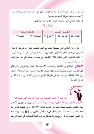 15
. ‫ﺑﺎﻟﻤﺘﺮ‬ ‫ﺍﻟﺠﺪﻭﻝ‬ ‫ﻓﻲ‬ ‫ﺍﻟﻘﺮﺍءﺍﺕ‬ ‫ﻭﻧﺴﺠﻞ‬ ‫ﻭﺍﺭﺗﻔﺎﻋﻬﺎ‬ ‫ﺍﻟﺼﻒ‬ ‫ﻏﺮﻓﺔ‬ ‫ﻋﺮﺽ‬ ‫ﻧﻘﻴﺲ‬ .2
. ‫ﻭﺣﺠﻤﻬﺎ‬ ‫ﺍﻟﺼﻒ‬ ‫ﻏﺮﻓﺔ‬ ‫ﻣﺴﺎﺣﺔ‬ ‫3.ﻧﺤﺴﺐ‬
: ‫ﺍﻷﺗﻲ‬ ‫ﺍﻟﺠﺪﻭﻝ‬ ‫ﻭﻧﻜﻤﻞ‬ ‫ﻋﻠﻴﻬﺎ‬ ‫ﺣﺼﻠﻨﺎ‬ ‫ﺍﻟﺘﻲ‬ ‫ﺍﻟﻨﺘﺎﺋﺞ‬ ‫ﻧﻜﺘﺐ‬ .4
( 2 ) ‫ﺟﺪﻭﻝ‬
‫ﺍﻻﺳﺎﺳﻴﺔ‬ ‫ﺍﻟﻜﻤﻴﺎﺕ‬‫ﺍﻟﻤﺸﺘﻘﺔ‬ ‫ﺍﻟﻜﻤﻴﺎﺕ‬
m ‫ﺍﻟﻄﻮﻝ‬m ‫ﺍﻟﻌﺮﺽ‬m ‫ﺍﻻﺭﺗﻔﺎﻉ‬m2
‫ﺍﻟﻤﺴﺎﺣﺔ‬m3
‫ﺍﻟﺤﺠﻢ‬
‫ﻧﺴﺄﻝ‬ ) ‫ﻭﺍﻟﻌﺮﺽ‬ ‫ﻟﻠﻄﻮﻝ‬ ‫ﺍﻟﺤﻘﻴﻘﻴﺔ‬ ‫ﺍﻟﻘﻴﻢ‬ ‫ﻣﻊ‬ ‫ﻋﻠﻴﻬﺎ‬ ‫ﺣﺼﻠﻨﺎ‬ ‫ﺍﻟﺘﻲ‬ ‫ﺍﻟﻨﺘﺎﺋﺞ‬ ‫ﺑﻴﻦ‬ ‫ﻧﻘﺎﺭﻥ‬ . 5
. ‫ﻣﻤﺎﺛﻞ‬ ‫ﺟﺪﻭﻝ‬ ‫ﻓﻲ‬ ‫ﻭﻧﺜﺒﺘﻬﺎ‬ ( ‫ﻭﺍﻻﺭﺗﻔﺎﻉ‬ ‫ﻭﺍﻟﻌﺮﺽ‬ ‫ﻟﻠﻄﻮﻝ‬ ‫ﺍﻟﺤﻘﻴﻘﺔ‬ ‫ﺍﻟﻘﻴﻢ‬ ‫ﻋﻦ‬ ‫ﺍﻟﻤﺪﺭﺱ‬
‫ﺍﻟﺪﻗﺔ‬ ‫ﻋﺪﻡ‬ ‫ﻋﻦ‬ ‫ﻧﺎﺗﺞ‬ ‫ﺧﻄﺄ‬ ‫ﺍﻡ‬ ‫ﺣﺴﻴﺔ‬ ‫ﺃﻫﻲ‬ ‫ﺍﻟﻨﺸﺎﻁ‬ ‫ﺧﻼﻝ‬ ‫ﺣﺪﺛﺖ‬ ‫ﺍﻟﺘﻲ‬ ‫ﺍﻷﺧﻄﺎء‬ ‫ﻧﻜﺘﺐ‬ .6
. ‫ﺍﻟﺸﺮﻳﻂ‬ ‫ﺗﺪﺭﻳﺞ‬ ‫ﻓﻲ‬
‫ﻭﺍﻻﺭﺗﻔﺎﻉ‬ ‫ﻭﺍﻟﻌﺮﺽ‬ ‫ﺍﻟﻄﻮﻝ‬ ‫ﻣﺜﻞ‬ ‫ﺍﻷﺳﺎﺳﻴﺔ‬ ‫ﺍﻟﻜﻤﻴﺎﺕ‬ ‫ﱠ‬‫ﺃﻥ‬ ‫ﺍﻟﻨﺸﺎﻁ‬ ‫ﻣﻦ‬ ‫ﻧﺴﺘﻨﺘﺞ‬ : ‫ﺍﻻﺳﺘﻨﺘﺎﺝ‬
‫ﻭﺍﻟﺤﺠﻢ‬ ‫ﺍﻟﻤﺴﺎﺣﺔ‬ ‫ﻣﺜﻞ‬ ‫ﺍﻟﻤﺸﺘﻘﺔ‬ ‫ﺍﻟﻜﻤﻴﺎﺕ‬ ‫ﻹﻳﺠﺎﺩ‬ ‫ﻧﺴﺘﻌﻤﻠﻬﺎ‬ ‫ﺇﻥ‬ ‫ﻧﺴﺘﻄﻴﻊ‬ ‫ﺍﻟﺘﻲ‬ ‫ﺍﻟﻜﻤﻴﺎﺕ‬ ‫ﻫﻲ‬
‫ﻓﻲ‬ ‫ﺍﻟﺪﻗﺔ‬ ‫ﻋﺪﻡ‬ ‫ﻋﻦ‬ ‫ﻧﺎﺗﺠﺔ‬ ‫ﻭﺃﺧﺮﻯ‬ ‫ﺍﻟﻘﻴﺎﺱ‬ ‫ﻃﺮﻳﻘﺔ‬ ‫ﻓﻲ‬ ‫ﺣﺴﻴﺔ‬ ‫ﻳﺪﻭﻳﺔ‬ ‫ﺃﺧﻄﺎء‬ ‫ﻫﻨﺎﻙ‬ ‫ﻭﺍﻥ‬
. ‫ﺍﻟﺸﺮﻳﻂ‬ ‫ﺗﺪﺭﻳﺞ‬
‫ﺗﺴﺘﻐﺮﻗﻬﺎ‬ ‫ﺍﻟﺘﻲ‬ ‫ﺍﻟﺰﻣﻨﻴﺔ‬ ‫ﺍﻟﻔﺘﺮﺓ‬ ‫ﻫﻲ‬ ‫ﺍﻟﺸﻤﺴﻴﺔ‬ ‫ﺍﻟﺴﻨﺔ‬ ‫ﱠ‬‫ﺃﻥ‬ ‫ﺗﻌﻠﻢ‬ ‫ﻫﻞ‬
‫ﺍﻷﺭﺽ‬ ‫ﺩﻭﺭﺍﻥ‬ ‫ﺯﻣﻦ‬ ‫ﺇﻥ‬ ‫ﻭ‬ ‫؟‬ ‫ﺍﻟﺸﻤﺲ‬ ‫ﺣﻮﻝ‬ ‫ﻣﺪﺍﺭﻫﺎ‬ ‫ﻓﻲ‬ ‫ﻛﺎﻣﻠﺔ‬ ‫ﺩﻭﺭﺓ‬ ‫ﻟﺘﻜﻤﻞ‬ ‫ﺍﻷﺭﺽ‬
‫ﻓﻘﺪ‬ ‫ﻟﻸﻣﺮ‬ ً‫ﻭﺗﺴﻬﻴﻼ‬ ‫ﻳﻮﻡ‬ 365.25 ‫ﺗﻌﺎﺩﻝ‬ ‫ﺍﻟﻨﺠﻮﻡ‬ ‫ﺑﻴﻦ‬ ‫ﺛﺎﺑﺘﺔ‬ ‫ﻟﻨﻘﻄﺔ‬ ‫ﺑﺎﻟﻨﺴﺒﺔ‬ ‫ﺍﻟﺸﻤﺲ‬ ‫ﺣﻮﻝ‬
‫ﻭﻳﺴﺘﺠﻤﻊ‬ ، ‫ﻳﻮﻡ‬ 365 ‫ﻣﻦ‬ ‫ﺗﺘﻜﻮﻥ‬ ‫ﺍﻟﺘﻲ‬ ‫ﺍﻟﺴﻨﺔ‬ ‫ﻭﻫﻲ‬ ‫ﺍﻟﺒﺴﻴﻄﺔ‬ ‫ﺍﻟﺴﻨﺔ‬ ‫ﻭﺟﻌﻠﺖ‬ ‫ﺍﻟﻜﺴﺮ‬ ‫ﺣﺬﻑ‬
‫ﺍﻟﺮﺍﺑﻌﺔ‬ ‫ﺍﻟﺴﻨﺔ‬ ‫ﺍﻟﻰ‬ ‫ﻓﻴﻀﺎﻑ‬ ً‫ﻛﺎﻣﻼ‬ ً‫ﻳﻮﻣﺎ‬ ‫ﻳﻘﺎﺭﺏ‬ ‫ﻣﺎ‬ ‫ﺳﻨﻮﺍﺕ‬ ‫ﺃﺭﺑﻊ‬ ‫ﻛﻞ‬ ‫ﺍﻟﻤﺤﺬﻭﻑ‬ ‫ﺍﻟﻜﺴﺮ‬ ‫ﻣﻦ‬
 