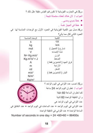 18
‫؟‬ ‫ﺫﻟﻚ‬ ‫ﻋﻠﻞ‬ ‫ﺩﻗﻴﻘﺔ‬ ‫ﺍﻟﻘﻴﺎﺱ‬ ‫ﻗﻴﻢ‬ ‫ﺗﻜﻮﻥ‬ ‫ﻻ‬ ‫ﺍﻟﻔﻴﺰﻳﺎﺋﻴﺔ‬ ‫ﺍﻟﺘﺠﺎﺭﺏ‬ ‫ﻓﻲ‬ /3‫ﺱ‬
: ‫ﻧﺘﻴﺠﺔ‬ ‫ﺣﺎﺻﻠﺔ‬ ‫ﺃﺧﻄﺎء‬ ‫ﻫﻨﺎﻙ‬ ‫ﻻﻥ‬ / ‫ﺍﻟﺠﻮﺍﺏ‬
. ‫ﻭﺣﺴﻲ‬ ‫ﻳﺪﻭﻱ‬ ‫ﺧﻄﺄ‬ •
•. ُ‫ﻪ‬‫ﻧﻔﺴ‬ ‫ﺍﻟﺠﻬﺎﺯ‬ ‫ﻓﻲ‬ ‫ﺧﻄﺄ‬
‫ﻓﻲ‬ ‫ﻟﻬﺎ‬ ‫ﺍﻟﻤﻨﺎﺳﺒﺔ‬ ‫ﺍﻟﻮﺣﺪﺍﺕ‬ ‫ﻣﻊ‬ ‫ﺍﻷﻭﻝ‬ ‫ﺍﻟﻌﻤﻮﺩ‬ ‫ﻓﻲ‬ ‫ﺍﻟﻔﻴﺰﻳﺎﺋﻴﺔ‬ ‫ﺍﻟﻜﻤﻴﺔ‬ ‫ﺑﻴﻦ‬ ‫ﺻﻞ‬ /4‫ﺱ‬
‫ﻳﺄﺗﻲ؟‬ ‫ﻣﻤﺎ‬ ‫ﻟﻜﻞ‬ ‫ﺍﻟﺜﺎﻧﻲ‬ ‫ﺍﻟﻌﻤﻮﺩ‬
‫ﺍﻟﻜﻤﻴﺔ‬‫ﺍﻟﻤﻨﺎﺳﺒﺔ‬ ‫ﺍﻟﻮﺣﺪﺓ‬
‫ﻛﺘﻠﺔ‬s
‫ﻛﺜﺎﻓﺔ‬kg
( ‫ﺍﻟﺘﻌﺠﻴﻞ‬ ) ‫ﺗﺴﺎﺭﻉ‬mol
‫ﺍﻹﺿﺎءﺓ‬ ‫ﺷﺪﺓ‬V
‫ﺍﻟﻮﺯﻥ‬N= Kg.m/s2
‫ﺍﻟﻀﻐﻂ‬Kg.m2
/s2
= J
( ‫ﻓﻘﻂ‬ ‫ﻟﻠﻤﺘﻤﻴﺰﻳﻦ‬ ) ‫ﺍﻟﺠﻬﺪ‬ ‫ﻓﺮﻕ‬A
‫ﺍﻻﺯﺍﺣﺔ‬m
‫ﺍﻟﺸﻐﻞ‬cd
( ‫ﻓﻘﻂ‬ ‫ﻟﻠﻤﺘﻤﻴﺰﻳﻦ‬ ) ‫ﺍﻟﺘﻴﺎﺭ‬m/s2
N/m2
Kg/m3
‫؟‬ ‫ﺍﻟﻮﺍﺣﺪ‬ ‫ﺍﻟﻴﻮﻡ‬ ‫ﻓﻲ‬ ‫ﺍﻟﺜﻮﺍﻧﻲ‬ ‫ﻋﺪﺩ‬ ‫ﺍﺣﺴﺐ‬ /5‫ﺱ‬
‫ﺳﺎﻋﺔ‬ 24 ‫ﺍﻟﻮﺍﺣﺪ‬ ‫ﺍﻟﻴﻮﻡ‬ ‫ﺇﻥ‬ ‫ﺗﻌﻠﻢ‬ / ‫ﺍﻟﺠﻮﺍﺏ‬
‫ﺩﻗﻴﻘﺔ‬ 60 ‫ﺍﻟﺴﺎﻋﺔ‬ ‫ﺇﻥ‬ ‫ﺗﻌﻠﻢ‬ ‫ﻛﻤﺎ‬
‫ﺛﺎﻧﻴﺔ‬ 60 ‫ﺍﻟﻮﺍﺣﺪﺓ‬ ‫ﺍﻟﺪﻗﻴﻘﺔ‬ ‫ﺍﻥ‬ ‫ﻭ‬
‫ﻫﻲ‬ ‫ﺍﻟﻮﺍﺣﺪ‬ ‫ﺍﻟﻴﻮﻡ‬ ‫ﻓﻲ‬ ‫ﺍﻟﺜﻮﺍﻧﻲ‬ ‫ﻋﺪﺩ‬
‫ﻓﻲ‬ ‫ﺍﻟﺪﻗﺎﺋﻖ‬ ‫ﻋﺪﺩ‬ × ‫ﺍﻟﻮﺍﺣﺪ‬ ‫ﺍﻟﻴﻮﻡ‬ ‫ﻓﻲ‬ ‫ﺍﻟﺴﺎﻋﺎﺕ‬ ‫ﻋﺪﺩ‬ = ‫ﺍﻟﻮﺍﺣﺪ‬ ‫ﺍﻟﻴﻮﻡ‬ ‫ﻓﻲ‬ ‫ﺍﻟﺜﻮﺍﻧﻲ‬ ‫ﻋﺪﺩ‬
‫ﺍﻟﻮﺍﺣﺪﺓ‬ ‫ﺍﻟﺪﻗﻴﻘﺔ‬ ‫ﻓﻲ‬ ‫ﺍﻟﺜﻮﺍﻧﻲ‬ ‫ﻋﺪﺩ‬ × ‫ﺍﻟﻮﺍﺣﺪﺓ‬ ‫ﺍﻟﺴﺎﻋﺔ‬
Number of seconds in one day = 24 ×60×60 = 86400s
 