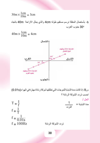 30
30m # 10m
1cm
= 3cm
‫ﺑﺎﺗﺠﺎﻩ‬ b-40m ‫ﺍﻻﺯﺍﺣﺔ‬ ‫ﻳﻤﺜﻞ‬ ‫ﻭﺍﻟﺬﻱ‬ 4cm ‫ﻃﻮﻟﻪ‬ ‫ﻣﺴﺘﻘﻴﻢ‬ ‫ﻧﺮﺳﻢ‬ ‫ﺍﻟﻤﻨﻘﻠﺔ‬ ‫ﺑﺄﺳﺘﻌﻤﺎﻝ‬
‫ﺍﻟﻐﺮﺏ‬ ‫ﺟﻨﻮﺏ‬ 30o
40m # 10m
1cm
= 4cm
(0.01s)‫ﺍﻟﻬﻮﺍء‬‫ﻓﻲ‬‫ﻣﻬﺘﺰﺓ‬‫ﺭﻧﺎﻧﺔ‬‫ﺷﻮﻛﺔ‬‫ﺗﻄﻠﻘﻬﺎ‬‫ﺍﻟﺘﻲ‬‫ﻟﻠﻤﻮﺟﺎﺕ‬‫ﺍﻟﺬﺑﺬﺑﺔ‬‫ﻣﺪﺓ‬‫ﻛﺎﻧﺖ‬‫ﺇﺫﺍ‬ /8‫ﺱ‬
‫؟‬ ‫ﺍﻟﺮﻧﺎﻧﺔ‬ ‫ﺍﻟﺸﻮﻛﺔ‬ ‫ﺗﺮﺩﺩ‬ ‫ﺍﺣﺴﺐ‬
1
/ ‫ﺍﻟﺤﻞ‬
‫ــــــــــــ‬ = ‫ﺍﻟﺬﺑﺬﺑﺔ‬ ‫ﻣﺪﺓ‬
‫ﺍﻟﺘﺮﺩﺩ‬
T = f
1
f = T
1
f = 0.01s
1
f = 100Hz ‫ﺍﻟﺮﻧﺎﻧﺔ‬ ‫ﺍﻟﺸﻮﻛﺔ‬ ‫ﺗﺮﺩﺩ‬
 