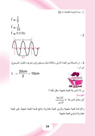 34
2s = ‫ﺍﻟﻜﺎﻣﻠﺔ‬ ‫ﺍﻟﺬﺑﺬﺑﺔ‬ ‫ﻣﺪﺓ‬ 
f = T
1
f = 2s
1
f = 0.5 Hz
- 2
.(‫ﺍﻟﻤﻮﺟﻲ‬ ‫ﺍﻟﻄﻮﻝ‬ ‫ﺗﻌﺮﻳﻒ‬ ‫)ﻣﻦ‬ ‫ﻣﻮﺟﺘﻴﻦ‬ ‫ﺗﻤﺜﻞ‬ ‫ﻭﺍﻟﺜﺎﻟﺜﺔ‬ ‫ﺍﻻﻭﻟﻰ‬ ‫ﺍﻟﻘﻤﺔ‬ ‫ﺑﻴﻦ‬ ‫ﺍﻟﻤﺴﺎﻓﺔ‬ ‫ﺍﻥ‬ - 3
: ‫ﺍﻥ‬ ‫ﺍﻱ‬
20cm
10cm
2
l = =
‫؟‬ ‫ﺫﻟﻚ‬ ‫،ﻋﻠﻞ‬ ‫ﻣﺘﺠﻬﺔ‬ ‫ﻛﻤﻴﺔ‬ ‫ﺍﻟﺴﺮﻋﺔ‬ /1 ‫ﺱ‬
‫ﺍﻻﺯﺍﺣﺔ‬
/‫ﺍﻟﺠﻮﺍﺏ‬
‫ــــــــــــــ‬ = ‫ﺍﻟﺴﺮﻋﺔ‬ ‫ﻣﻌﺪﻝ‬ ‫ﻻﻥ‬
‫ﺍﻟﺰﻣﻦ‬
‫ﻛﻤﻴﺔ‬ ‫ﻋﻠﻰ‬ ‫ﻣﺘﺠﻬﺔ‬ ‫ﻛﻤﻴﺔ‬ ‫ﻗﺴﻤﺔ‬ ‫ﻭﻧﺎﺗﺞ‬ ‫ﻣﻘﺪﺍﺭﻳﺔ‬ ‫ﻛﻤﻴﺔ‬ ‫ﻭﺍﻟﺰﻣﻦ‬ ‫ﻣﺘﺠﻬﺔ‬ ‫ﻛﻤﻴﺔ‬ ‫ﻭﺍﻹﺯﺍﺣﺔ‬
‫ﻣﺘﺠﻬﺔ‬ ‫ﻛﻤﻴﺔ‬ ‫ﺗﺴﺎﻭﻱ‬ ‫ﻣﻘﺪﺍﺭﻳﺔ‬
 