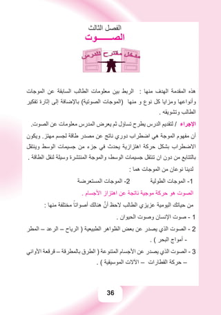 36
‫ﺍﻟﺜﺎﻟﺚ‬ ‫ﺍﻟﻔﺼﻞ‬
‫ﺍﻟﺼـــــــﻮﺕ‬
‫ﺍﻟﻤﻮﺟﺎﺕ‬ ‫ﻋﻦ‬ ‫ﺍﻟﺴﺎﺑﻘﺔ‬ ‫ﺍﻟﻄﺎﻟﺐ‬ ‫ﻣﻌﻠﻮﻣﺎﺕ‬ ‫ﺑﻴﻦ‬ ‫ﺍﻟﺮﺑﻂ‬ : ‫ﻣﻨﻬﺎ‬ ‫ﺍﻟﻬﺪﻑ‬ ‫ﺍﻟﻤﻘﺪﻣﺔ‬ ‫ﻫﺬﻩ‬
‫ﺗﻔﻜﻴﺮ‬ ‫ﺇﺛﺎﺭﺓ‬ ‫ﺇﻟﻰ‬ ‫ﺑﺎﻹﺿﺎﻓﺔ‬ (‫ﺍﻟﺼﻮﺗﻴﺔ‬ ‫)ﺍﻟﻤﻮﺟﺎﺕ‬ ‫ﻣﻨﻬﺎ‬ ‫ﻭ‬ ‫ﻧﻮﻉ‬ ‫ﻛﻞ‬ ‫ﻭﻣﺰﺍﻳﺎ‬ ‫ﻭﺃﻧﻮﺍﻋﻬﺎ‬
. ‫ﻭﺗﺸﻮﻳﻘﻪ‬ ‫ﺍﻟﻄﺎﻟﺐ‬
.‫ﺍﻟﺼﻮﺕ‬ ‫ﻋﻦ‬ ‫ﻣﻌﻠﻮﻣﺎﺕ‬ ‫ﺍﻟﻤﺪﺭﺱ‬ ‫ﻳﻌﺮﺽ‬ ‫ﺛﻢ‬ ‫ﺗﺴﺎﺅﻝ‬ ‫ﻳﻄﺮﺡ‬ ‫ﺍﻟﺪﺭﺱ‬ ‫ﻟﺘﻘﺪﻳﻢ‬ / ‫ﺍﻹﺟﺮﺍء‬
‫ﻭﻳﻜﻮﻥ‬ .‫ﻣﻬﺘﺰ‬ ‫ﻟﺠﺴﻢ‬ ‫ﻃﺎﻗﺔ‬ ‫ﻣﺼﺪﺭ‬ ‫ﻋﻦ‬ ‫ﻧﺎﺗﺞ‬ ‫ﺩﻭﺭﻱ‬ ‫ﺍﺿﻄﺮﺍﺏ‬ ‫ﻫﻲ‬ ‫ﺍﻟﻤﻮﺟﺔ‬ ‫ﻣﻔﻬﻮﻡ‬ ‫ﺃﻥ‬
‫ﻭﻳﻨﺘﻘﻞ‬ ‫ﺍﻟﻮﺳﻂ‬ ‫ﺟﺴﻴﻤﺎﺕ‬ ‫ﻣﻦ‬ ‫ﺟﺰء‬ ‫ﻓﻲ‬ ‫ﻳﺤﺪﺙ‬ ‫ﺍﻫﺘﺰﺍﺯﻳﺔ‬ ‫ﺣﺮﻛﺔ‬ ‫ﺑﺸﻜﻞ‬ ‫ﺍﻻﺿﻄﺮﺍﺏ‬
. ‫ﺍﻟﻄﺎﻗﺔ‬ ‫ﻟﻨﻘﻞ‬ ‫ﻭﺳﻴﻠﺔ‬ ‫ﺍﻟﻤﻨﺘﺸﺮﺓ‬ ‫ﻭﺍﻟﻤﻮﺟﺔ‬ ،‫ﺍﻟﻮﺳﻂ‬ ‫ﺟﺴﻴﻤﺎﺕ‬ ‫ﺗﻨﺘﻘﻞ‬ ‫ﺍﻥ‬ ‫ﺩﻭﻥ‬ ‫ﻣﻦ‬ ‫ﺑﺎﻟﺘﺘﺎﺑﻊ‬
: ‫ﻫﻤﺎ‬ ‫ﺍﻟﻤﻮﺟﺎﺕ‬ ‫ﻣﻦ‬ ‫ﻧﻮﻋﺎﻥ‬ ‫ﻟﺪﻳﻨﺎ‬
‫ﺍﻟﻤﺴﺘﻌﺮﺿﺔ‬ ‫ﺍﻟﻤﻮﺟﺎﺕ‬ -2 ‫ﺍﻟﻄﻮﻟﻴﺔ‬ ‫ﺍﻟﻤﻮﺟﺎﺕ‬ -1
. ‫ﺍﻷﺟﺴﺎﻡ‬ ‫ﺍﻫﺘﺰﺍﺯ‬ ‫ﻋﻦ‬ ‫ﻧﺎﺗﺠﺔ‬ ‫ﻣﻮﺟﻴﺔ‬ ‫ﺣﺮﻛﺔ‬ ‫ﻫﻮ‬ ‫ﺍﻟﺼﻮﺕ‬
: ‫ﻣﻨﻬﺎ‬ ‫ﻣﺨﺘﻠﻔﺔ‬ ً‫ﺃﺻﻮﺍﺗﺎ‬ ‫ﻫﻨﺎﻟﻚ‬ ‫ﱠ‬‫ﺃﻥ‬ ‫ﻻﺣﻆ‬ ‫ﺍﻟﻄﺎﻟﺐ‬ ‫ﻋﺰﻳﺰﻱ‬ ‫ﺍﻟﻴﻮﻣﻴﺔ‬ ‫ﺣﻴﺎﺗﻚ‬ ‫ﻣﻦ‬
. ‫ﺍﻟﺤﻴﻮﺍﻥ‬ ‫ﻭﺻﻮﺕ‬ ‫ﺍﻹﻧﺴﺎﻥ‬ ‫ﺻﻮﺕ‬ - 1
‫ﺍﻟﻤﻄﺮ‬ – ‫ﺍﻟﺮﻋﺪ‬ – ‫ﺍﻟﺮﻳﺎﺡ‬ ) ‫ﺍﻟﻄﺒﻴﻌﻴﺔ‬ ‫ﺍﻟﻈﻮﺍﻫﺮ‬ ‫ﺑﻌﺾ‬ ‫ﻋﻦ‬ ‫ﻳﺼﺪﺭ‬ ‫ﺍﻟﺬﻱ‬ ‫ﺍﻟﺼﻮﺕ‬ - 2
. ( ‫ﺍﻟﺒﺤﺮ‬ ‫ﺃﻣﻮﺍﺝ‬ -
‫ﺍﻷﻭﺍﻧﻲ‬ ‫ﻗﺮﻗﻌﺔ‬ – ‫ﺑﺎﻟﻤﻄﺮﻗﺔ‬ ‫ﺍﻟﻄﺮﻕ‬ ) ‫ﺍﻟﻤﺘﻨﻮﻋﺔ‬ ‫ﺍﻷﺟﺴﺎﻡ‬ ‫ﻋﻦ‬ ‫ﻳﺼﺪﺭ‬ ‫ﺍﻟﺬﻱ‬ ‫ﺍﻟﺼﻮﺕ‬ - 3
. ( ‫ﺍﻟﻤﻮﺳﻴﻘﻴﺔ‬ ‫ﺍﻵﻻﺕ‬ – ‫ﺍﻟﻘﻄﺎﺭﺍﺕ‬ ‫ﺣﺮﻛﺔ‬ –
 